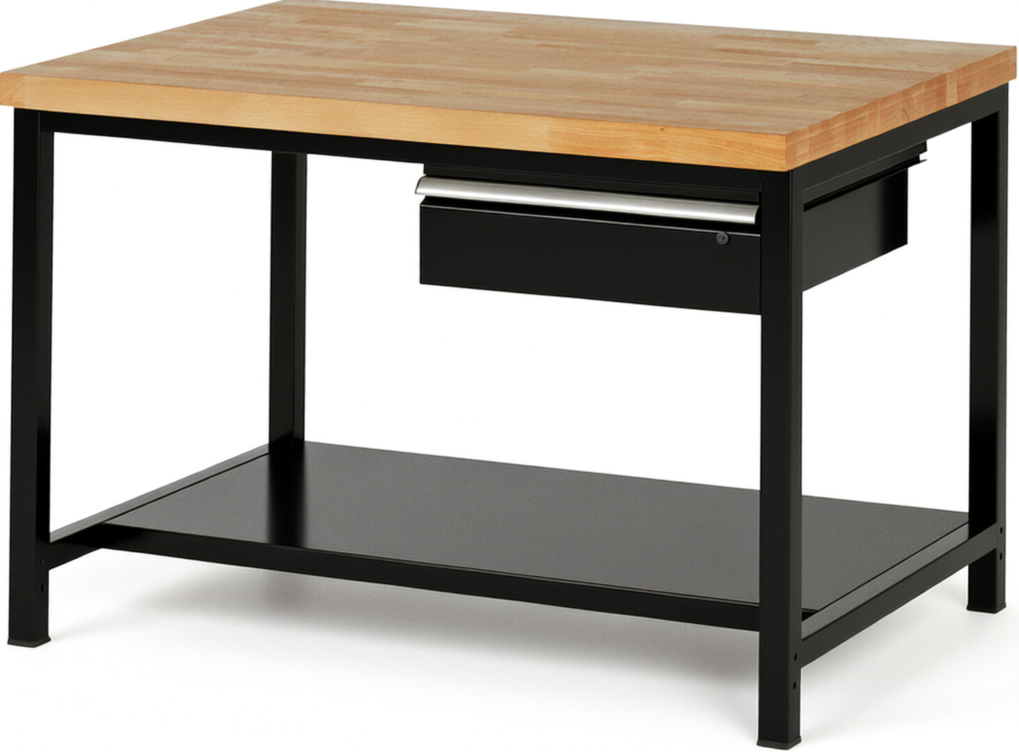 Werkbank Modell 8001 schwarz, BxTxH 1250x900x840-1040 mm,  Buche-Massiv Arbeitsplatte 40 mm,  1 Schublade mit  Auszug 90 %