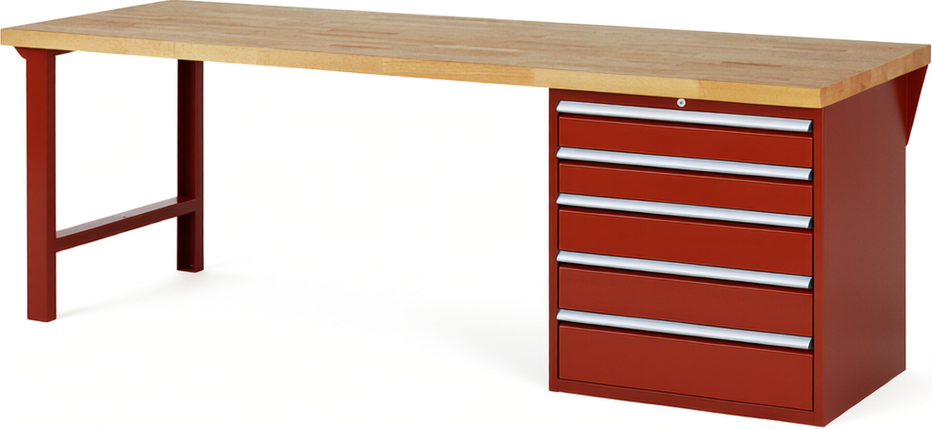 Werkbank Modell 7613 rot, BxTxH 2500x900x840 mm,  Buche-Massiv Arbeitsplatte 40 mm,  5 Schubladen mit  Auszug 90 %
