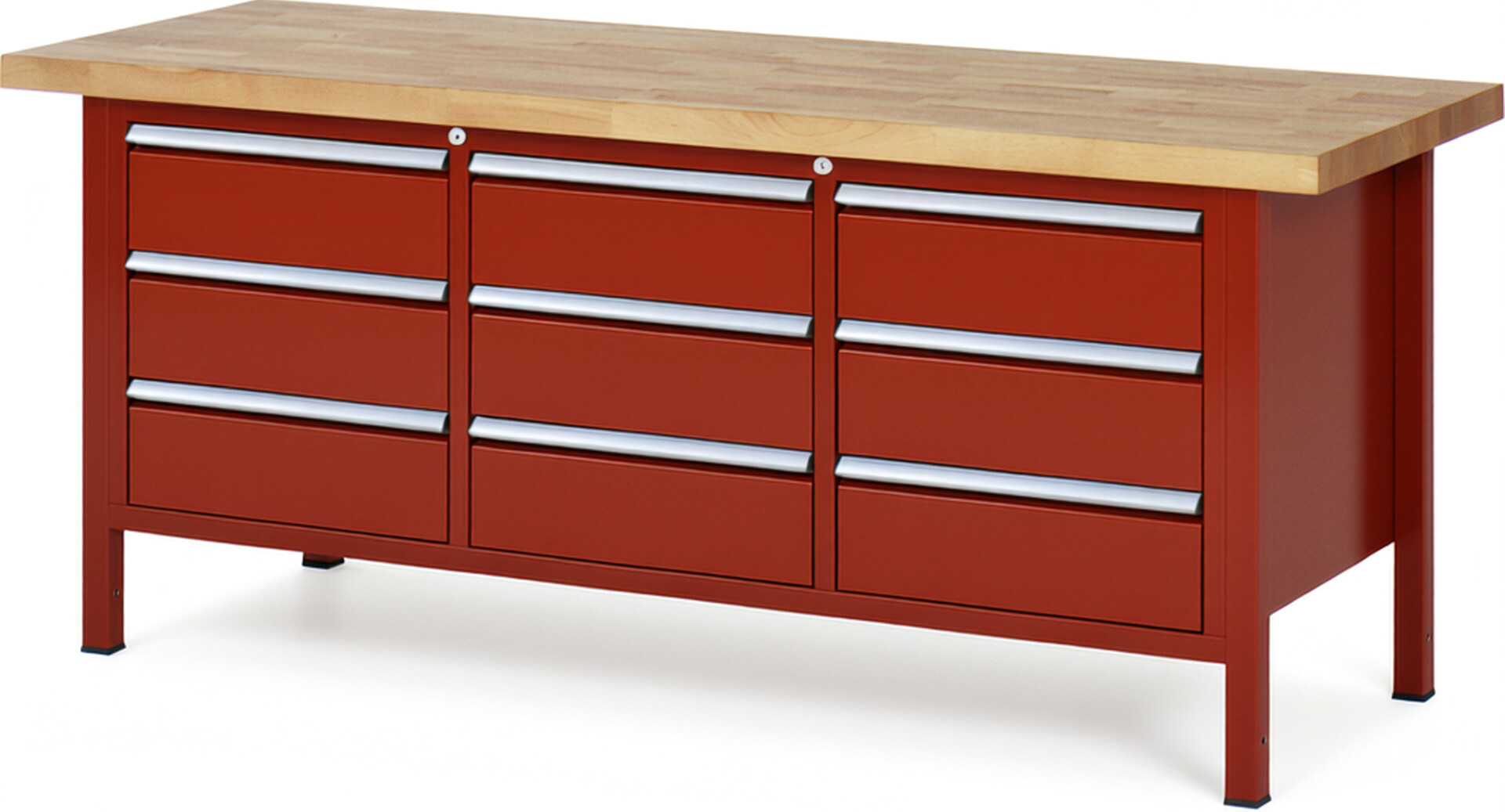 Werkbank Modell 8574 rot, BxTxH 2000x700x840 mm,  Buche-Massiv Arbeitsplatte 40 mm,  9 Schubladen mit  Vollauszug 100 % und  SoftClosing