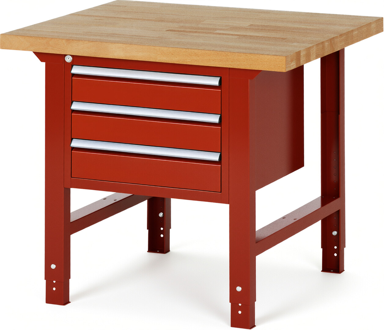 Werkbank Modell 7127 rot, BxTxH 1000x900x790-1140 mm,  Buche-Massiv Arbeitsplatte 40 mm,  3 Schubladen mit  Auszug 90 %