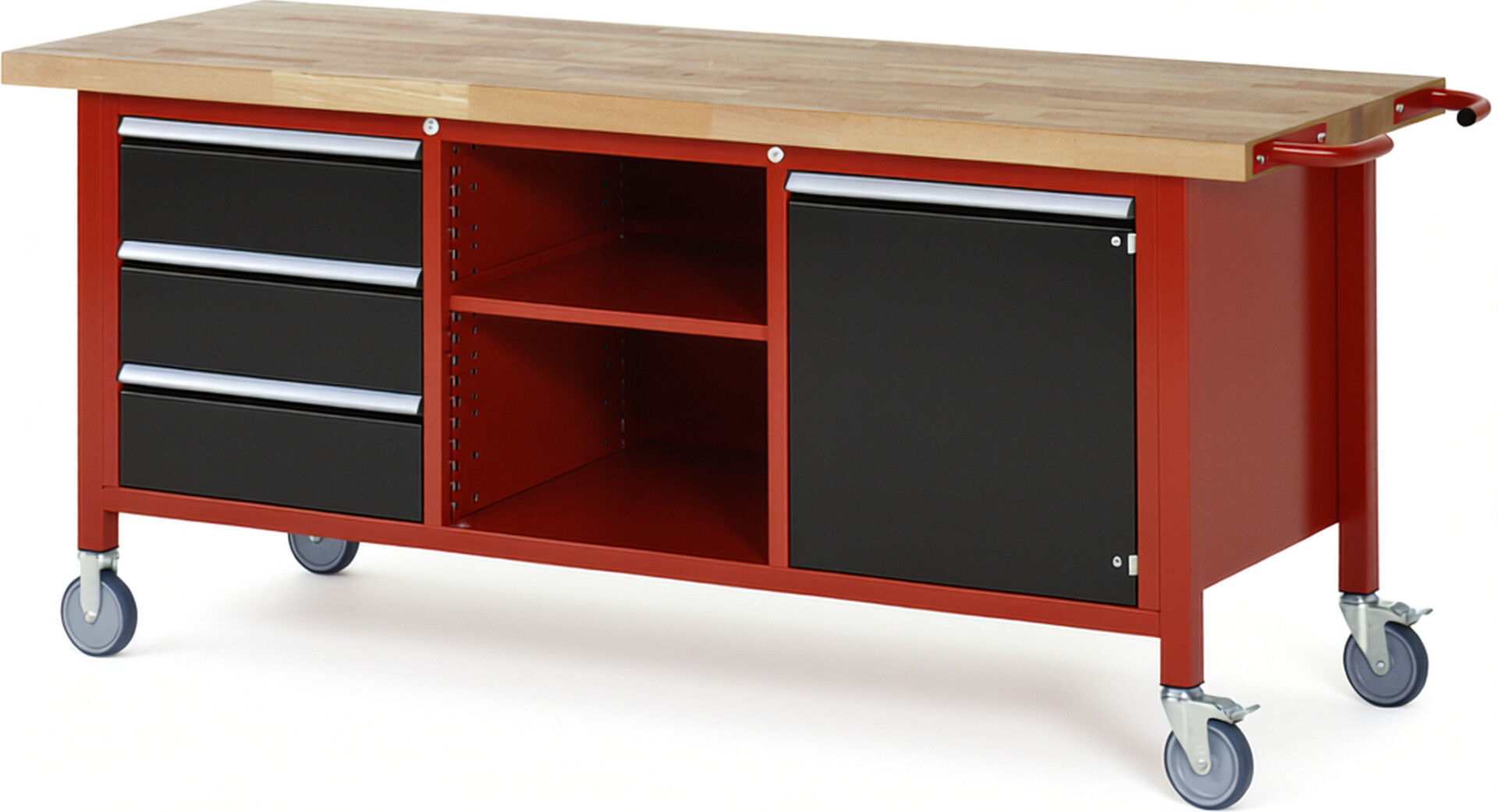Fahrbare Werkbank Modell 8563 rot - schwarz, BxTxH 2000x700x880-1080 mm,  Buche-Massiv Arbeitsplatte 40 mm,  3 Schubladen mit  Auszug 90 %