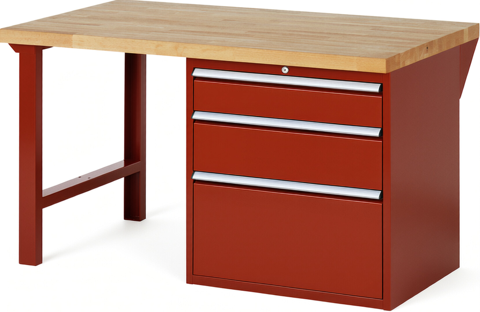 Werkbank Modell 7608 rot, BxTxH 1500x900x840 mm,  Buche-Massiv Arbeitsplatte 40 mm,  3 Schubladen mit  Vollauszug 100 % und  SoftClosing