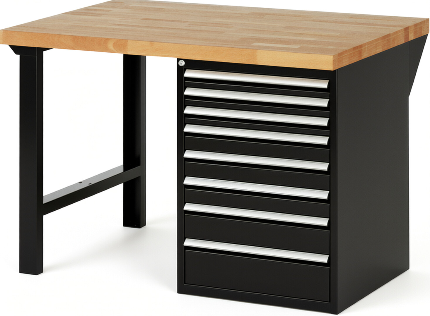 Werkbank Modell 7519 schwarz, BxTxH 1250x900x840 mm,  Buche-Massiv Arbeitsplatte 40 mm,  8 Schubladen mit  Vollauszug 100 % und  SoftClosing