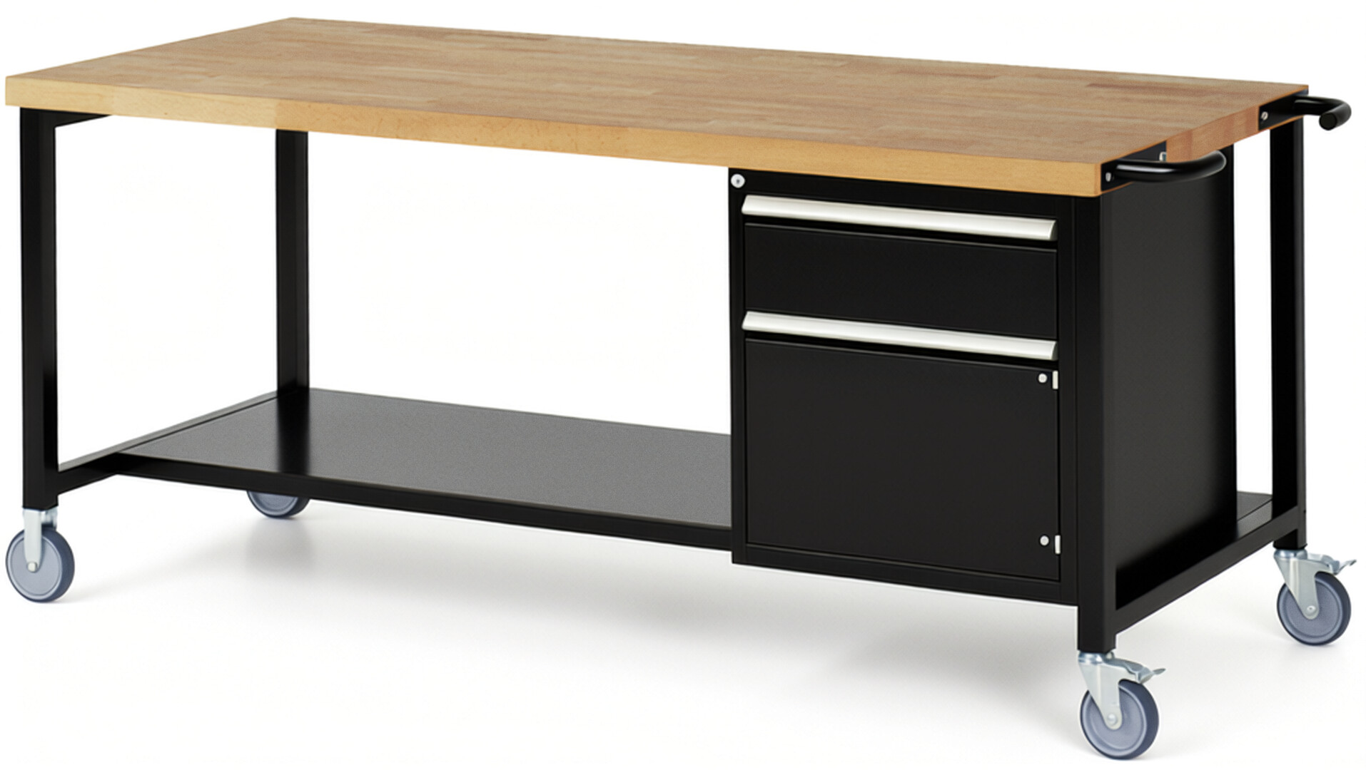 Fahrbare Werkbank Modell 8152 schwarz, BxTxH 2000x900x880 mm,  Buche-Massiv Arbeitsplatte 40 mm,  1 Schublade mit  Auszug 90 %