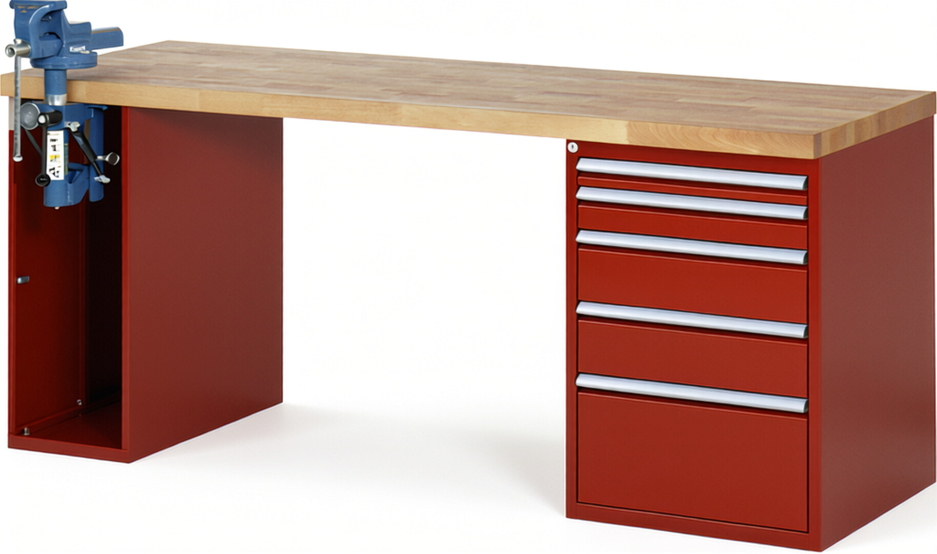 Werkbank Modell 7511 rot, BxTxH 2000x700x890 mm,  Buche-Massiv Arbeitsplatte 40 mm,  5 Schubladen mit  Auszug 90 %