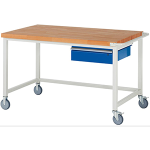 Fahrbare Werkbank, BxTxH 1500x900x880 mm, Platte Buche 40 mm, 1 Schublade 150 mm, RAL 7035/5010