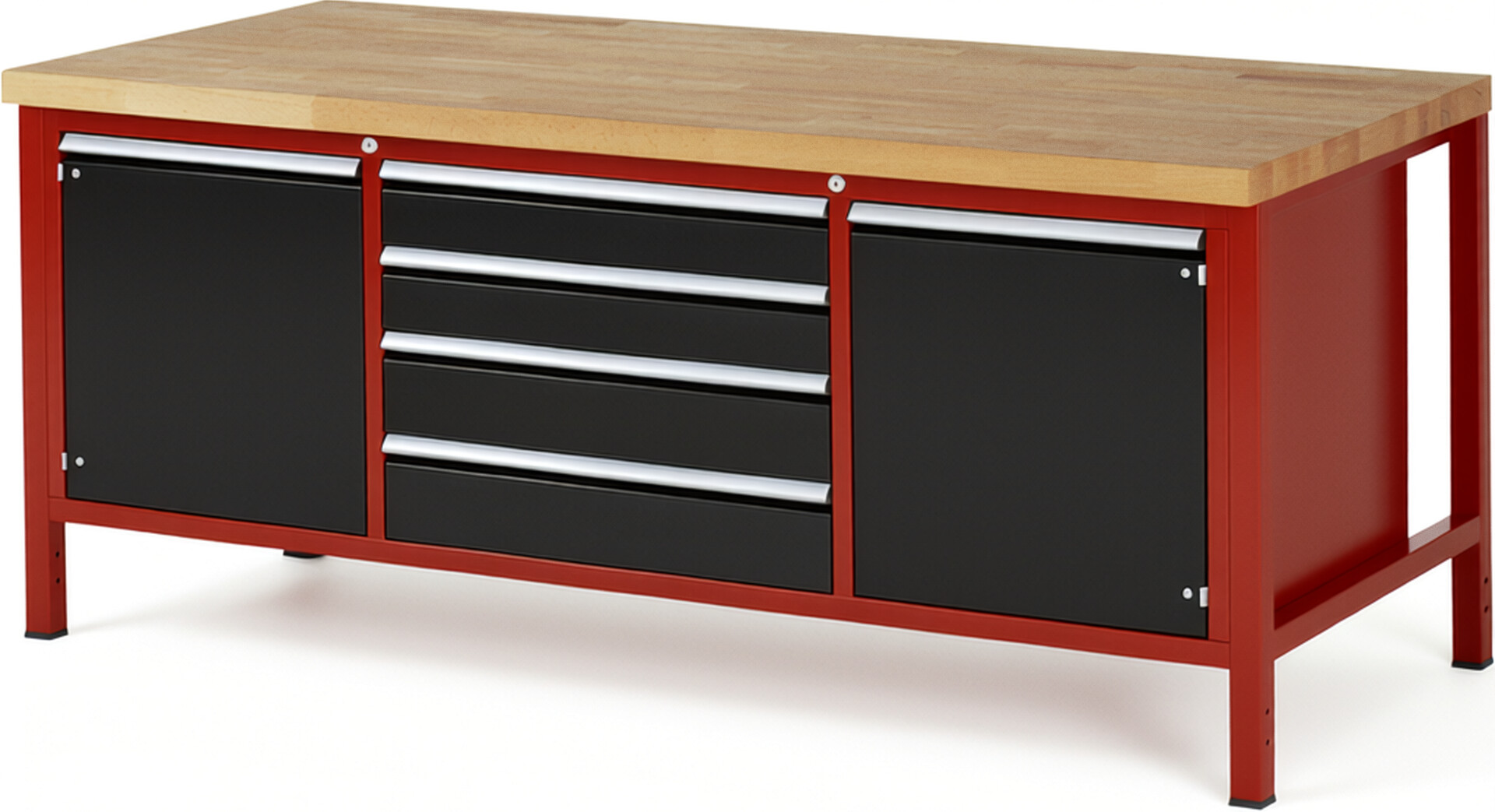 Werkbank Modell 8752 rot - schwarz, BxTxH 2000x900x840-1040 mm,  Buche-Massiv Arbeitsplatte 40 mm,  4 Schubladen mit  Vollauszug 100 % und  SoftClosing