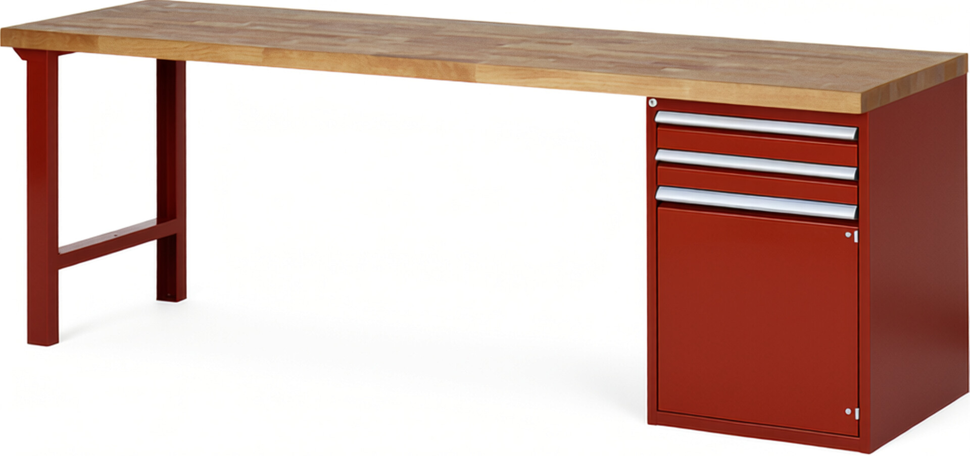 Werkbank Modell 7503 rot, BxTxH 2500x700x890 mm,  Buche-Massiv Arbeitsplatte 40 mm,  2 Schubladen mit  Auszug 90 %