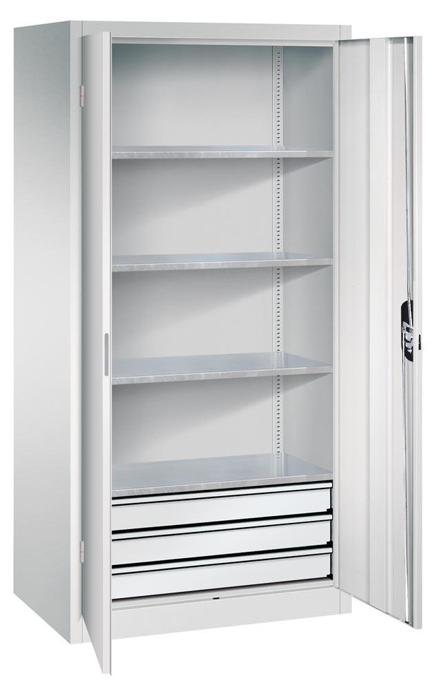 C+P Großraum Werkzeugschrank, Maschinenschrank, 4 Fachböden, 3 Schubladen unten, Farbe lichtgrau, 1.950 x 930 x 600 (HxBxT)