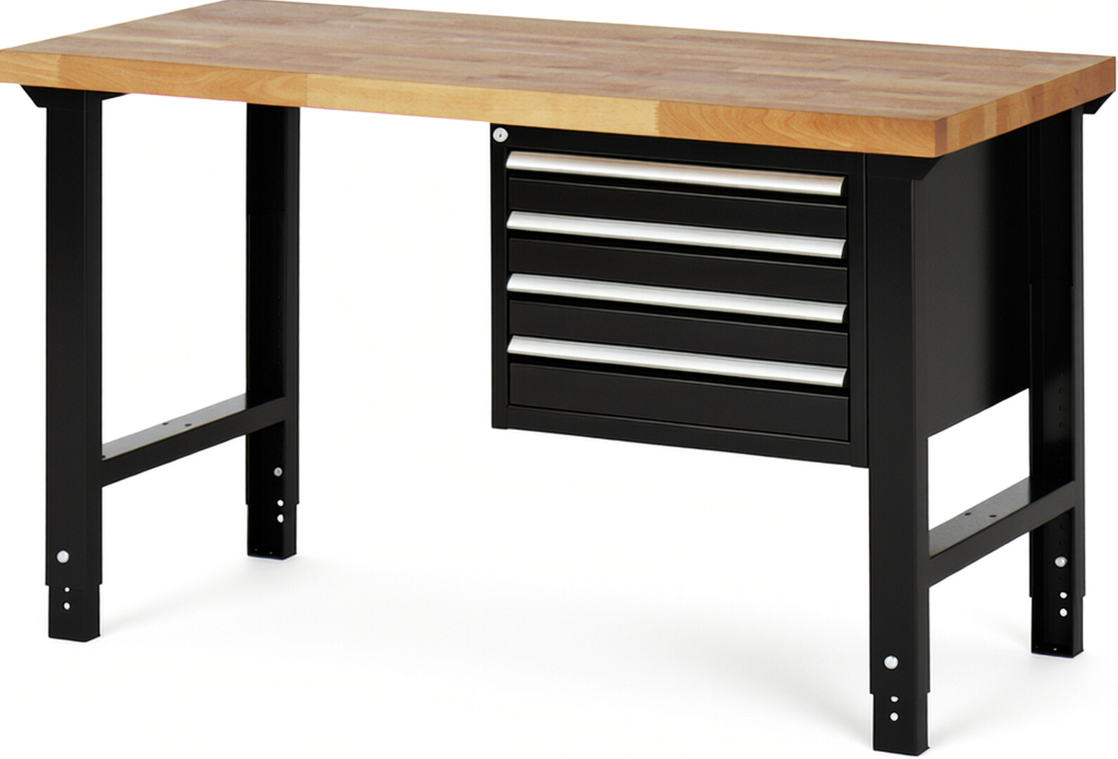Werkbank Modell 7133 schwarz, BxTxH 1500x700x790-1140 mm,  Buche-Massiv Arbeitsplatte 40 mm,  4 Schubladen mit  Auszug 90 %