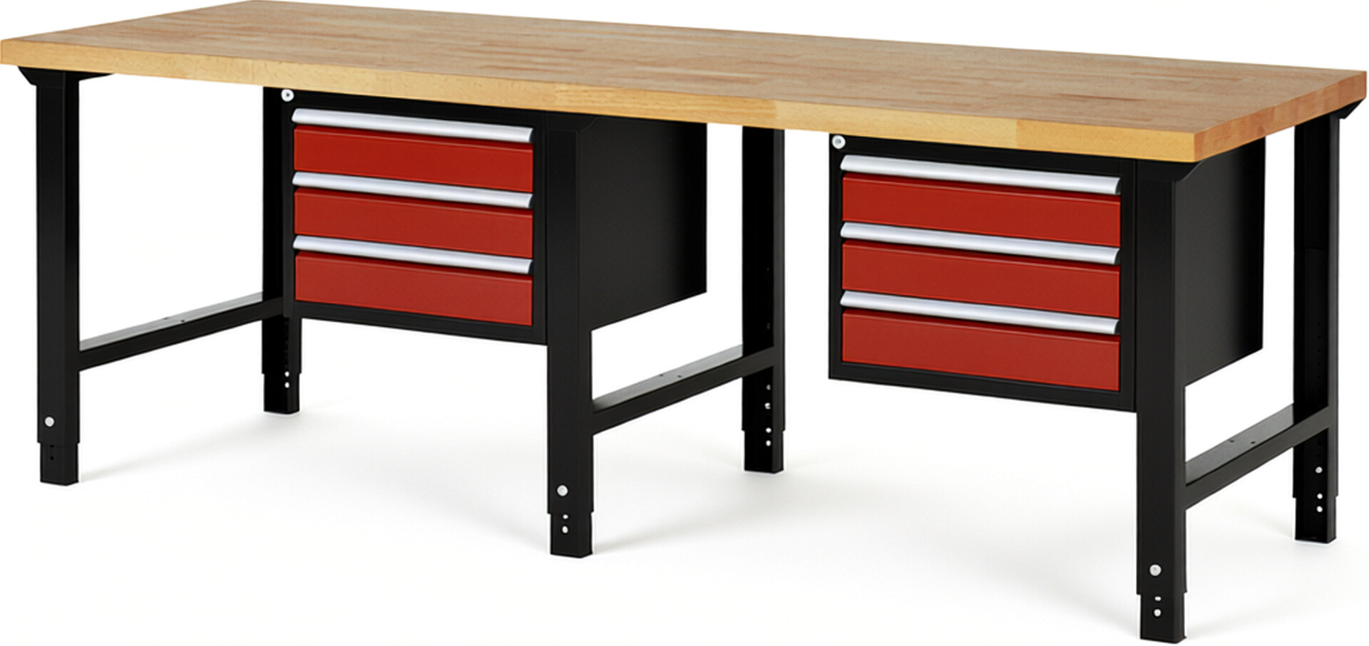 RAU Werkbank schwarz - rot - Breite 250 cm - Tiefe 90 cm - Höhe 114 cm - Buche-Massiv Arbeitsplatte 40 mm