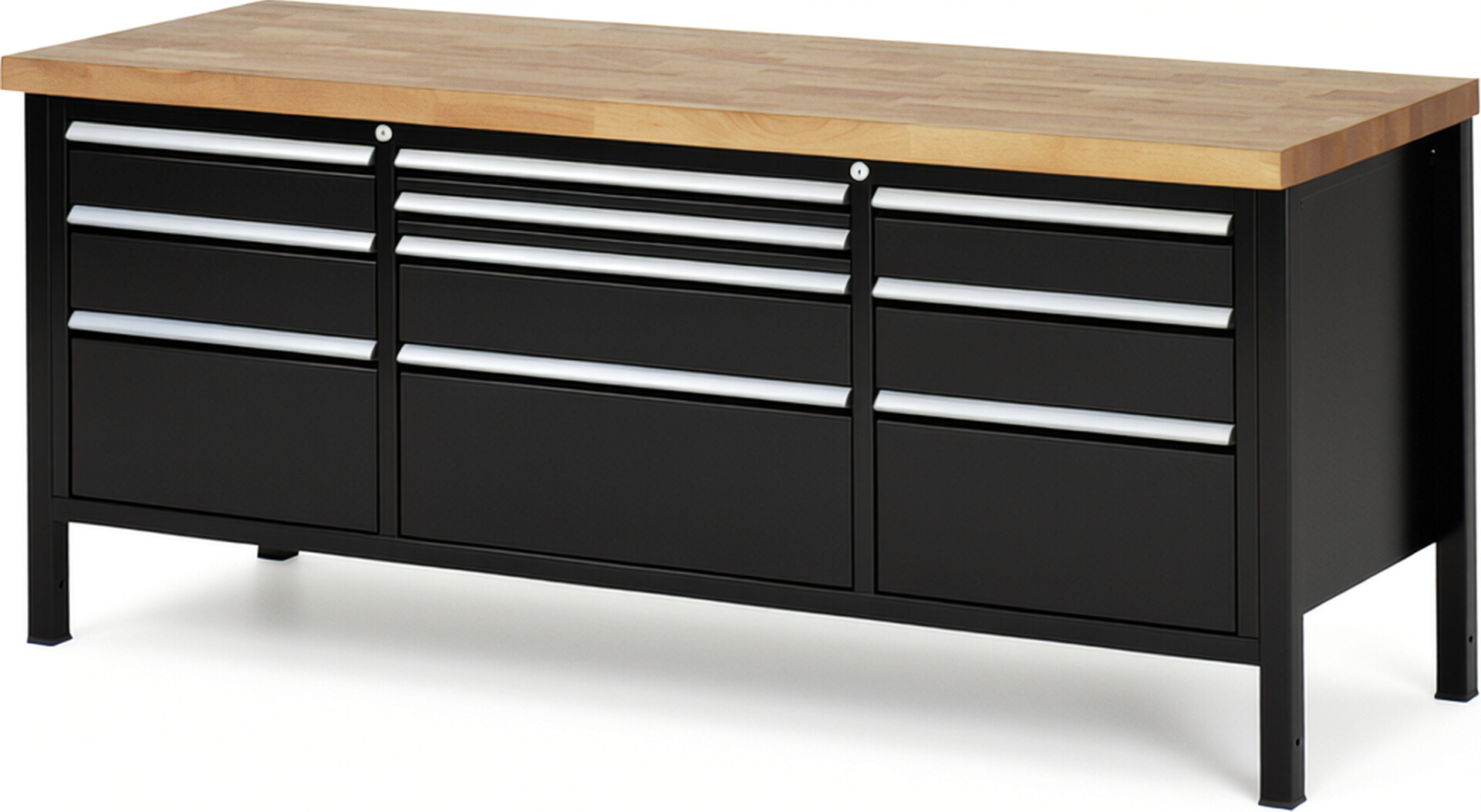 Werkbank Modell 8756 schwarz, BxTxH 2000x700x840-1040 mm,  Buche-Massiv Arbeitsplatte 40 mm,  10 Schubladen mit  Vollauszug 100 % und  SoftClosing