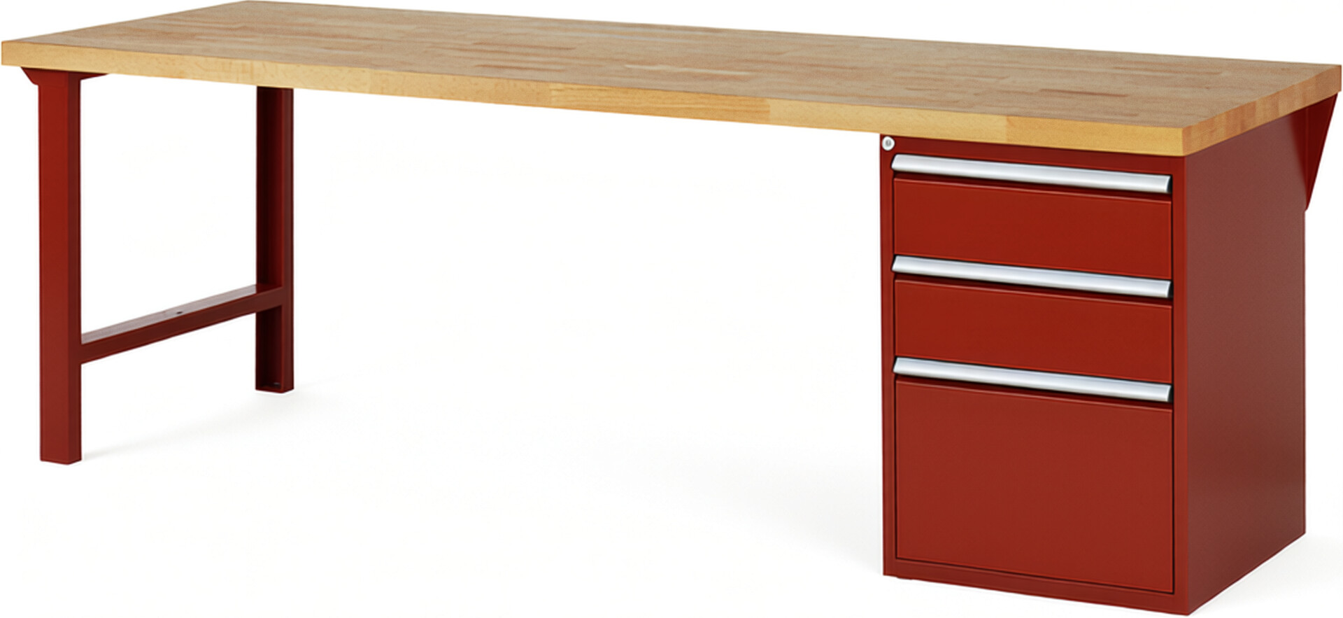 Werkbank Modell 7507 rot, BxTxH 2500x900x890 mm,  Buche-Massiv Arbeitsplatte 40 mm,  3 Schubladen mit  Auszug 90 %