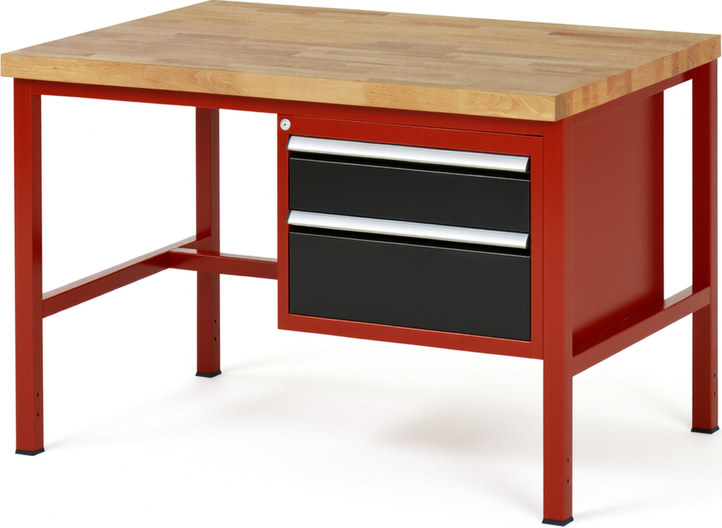 Werkbank Modell 8123 rot - schwarz, BxTxH 1250x900x840-1040 mm,  Buche-Massiv Arbeitsplatte 40 mm,  2 Schubladen mit  Auszug 90 %