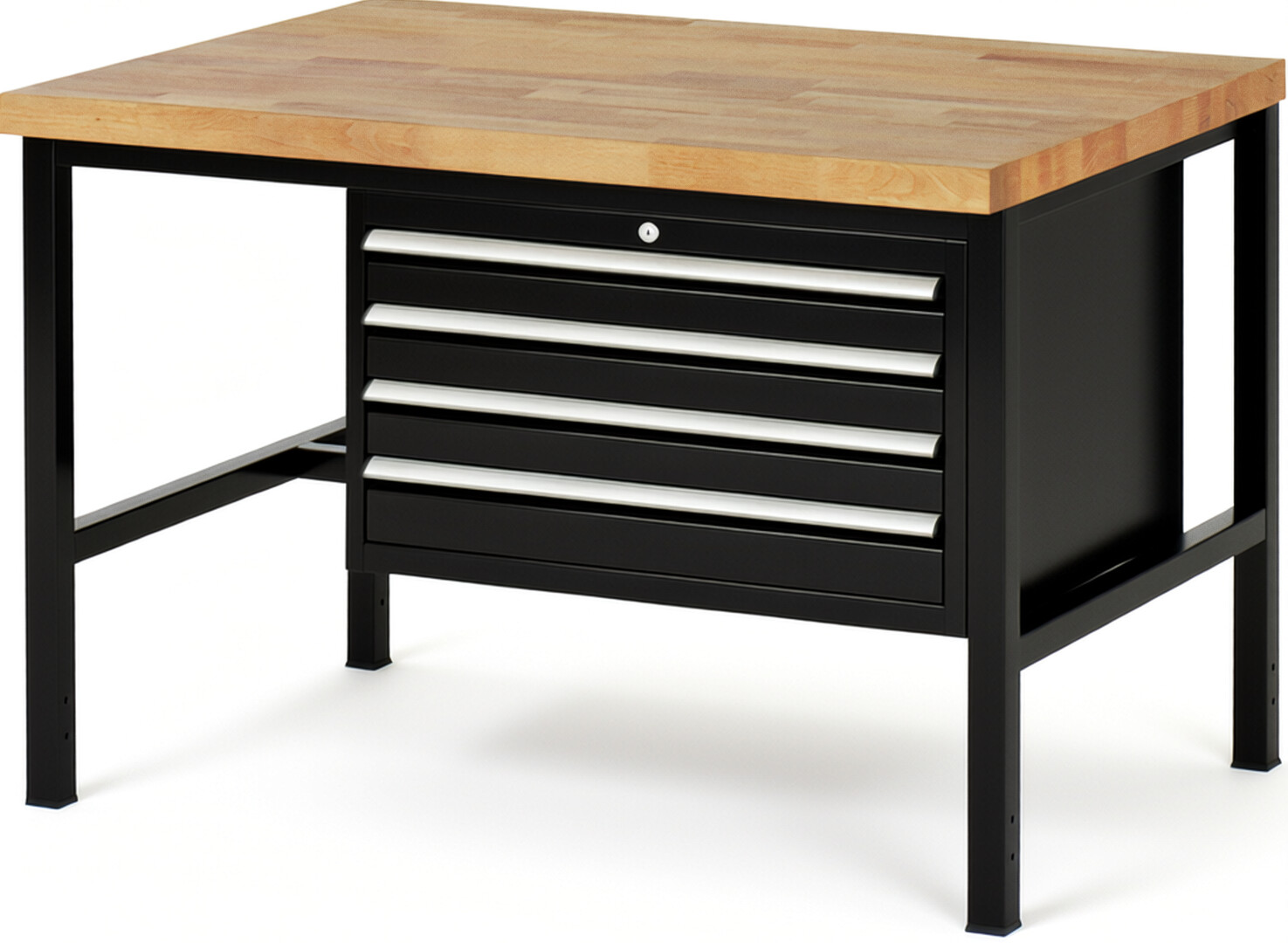 Werkbank Modell 8233 schwarz, BxTxH 1250x900x840-1040 mm,  Buche-Massiv Arbeitsplatte 40 mm,  4 Schubladen mit  Vollauszug 100 % und  SoftClosing