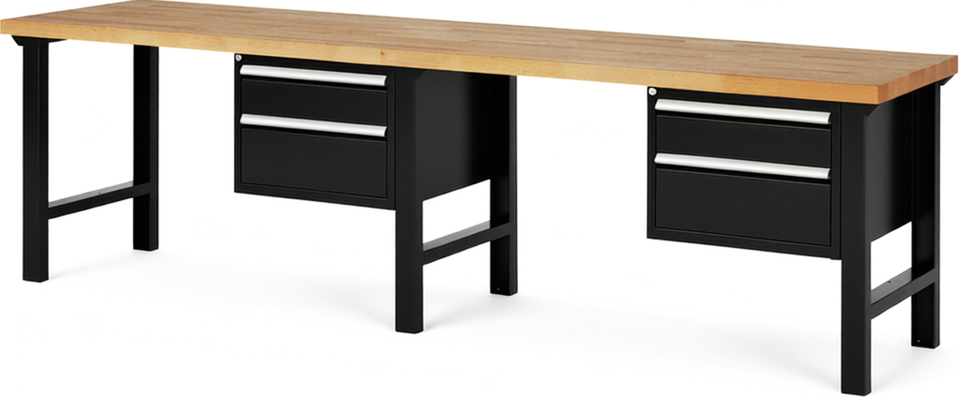 Werkbank Modell 7123 schwarz, BxTxH 3000x700x840 mm,  Buche-Massiv Arbeitsplatte 40 mm,  4 Schubladen mit  Vollauszug 100 % und  SoftClosing