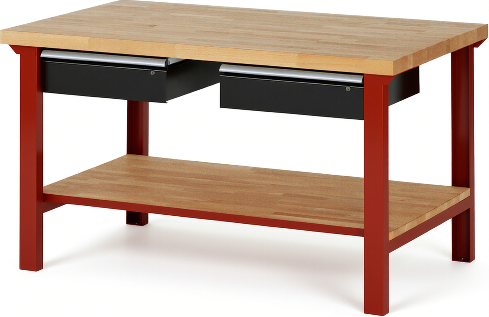 Werkbank Modell 7002 rot - schwarz, BxTxH 1500x900x840 mm,  Buche-Massiv Arbeitsplatte 40 mm,  2 Schubladen mit  Auszug 90 %