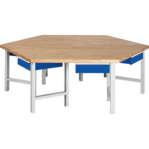 6-Eck-Werkbank, Breite 270 cm, Tiefe 234 cm, Höhe 84 cm, 6 Schublade(n), Platte: Buche-Riegel