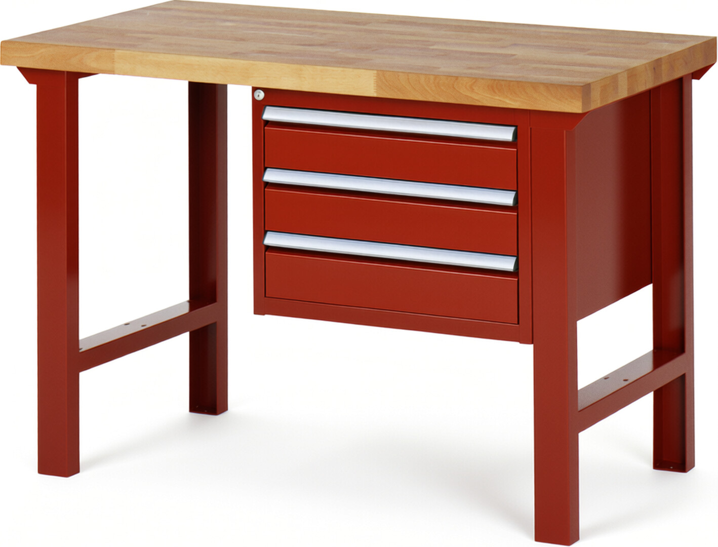 Werkbank Modell 7127 rot, BxTxH 1250x700x840 mm,  Buche-Massiv Arbeitsplatte 40 mm,  3 Schubladen mit  Auszug 90 %