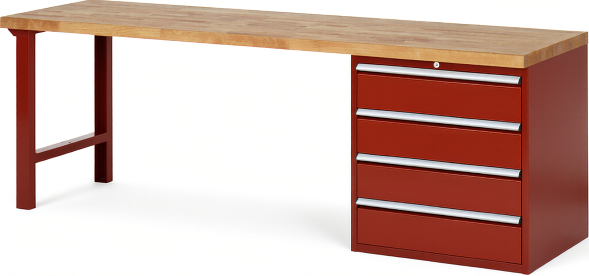 Werkbank Modell 7609 rot, BxTxH 2500x700x890 mm,  Buche-Massiv Arbeitsplatte 40 mm,  4 Schubladen mit  Vollauszug 100 % und  SoftClosing