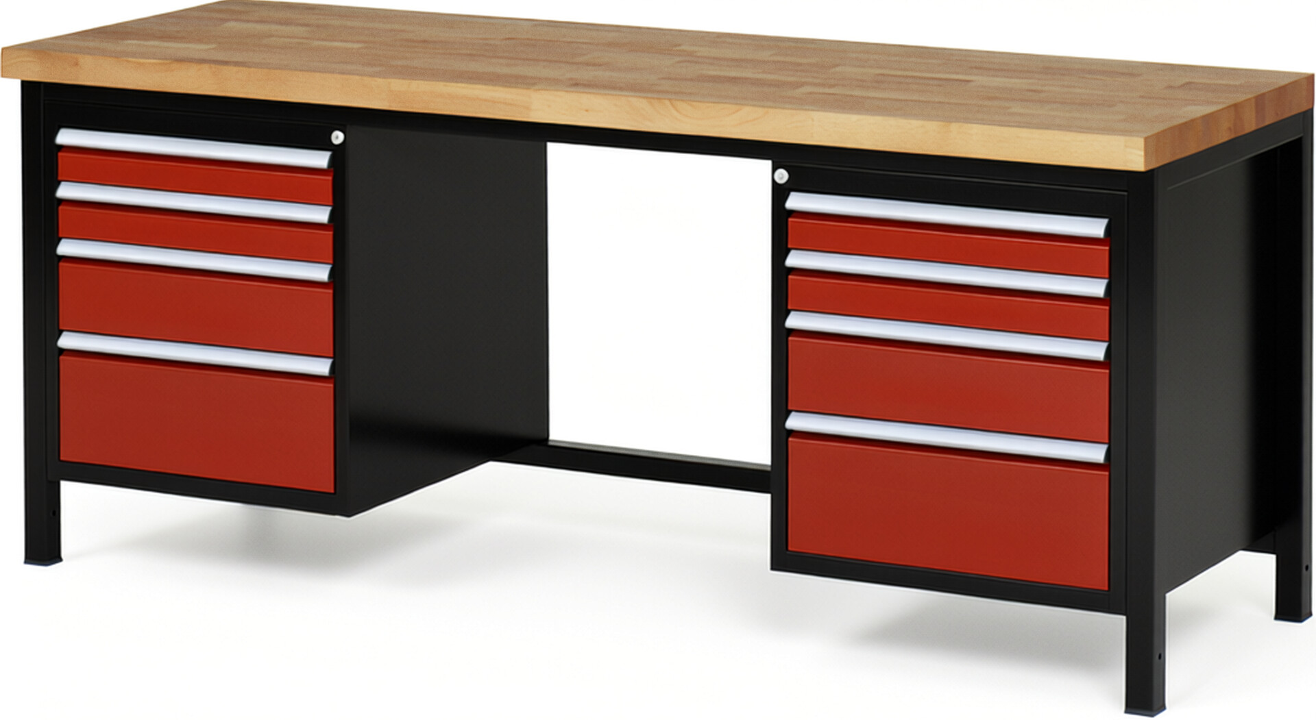 RAU Werkbank schwarz - rot - Breite 200 cm - Tiefe 70 cm - Höhe 104 cm - Buche-Massiv Arbeitsplatte 40 mm