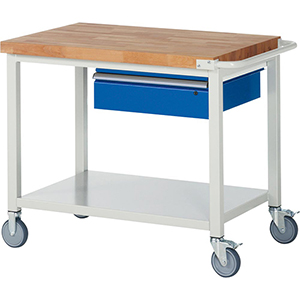 Fahrbare Werkbank, BxTxH 1000x700x880 mm, 1 Schublade 150 mm, Ablageboden, Platte Buche 40 mm, RAL 7035/5010