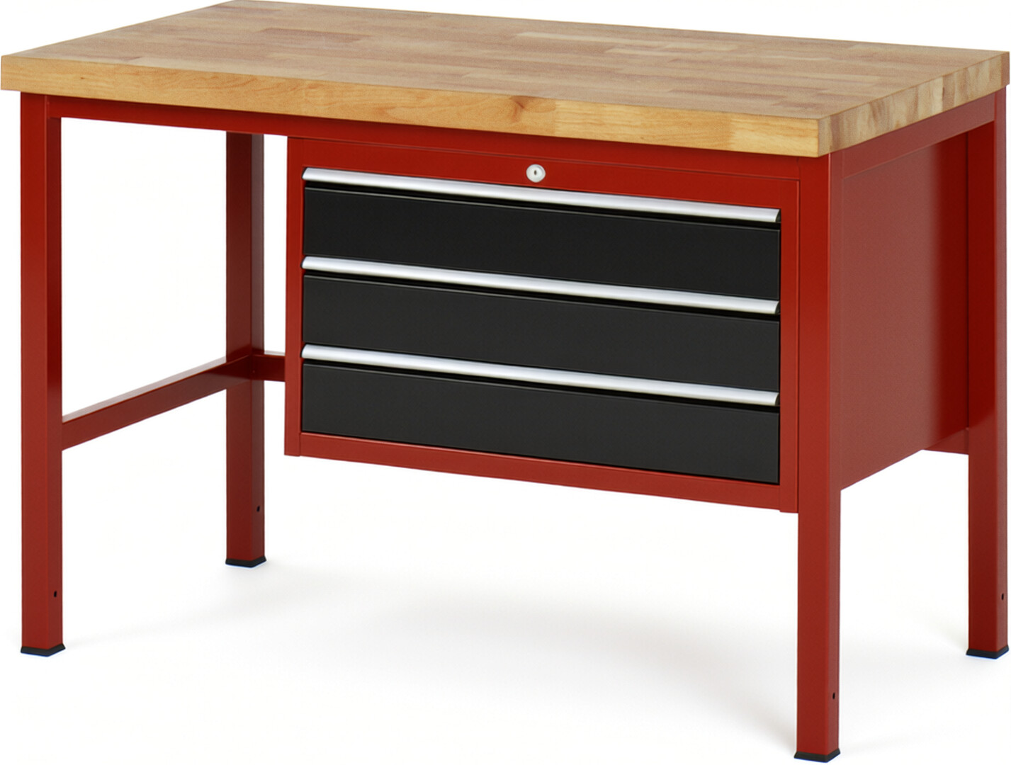 Werkbank Modell 8227 rot - schwarz, BxTxH 1250x700x840 mm,  Buche-Massiv Arbeitsplatte 40 mm,  3 Schubladen mit  Vollauszug 100 % und  SoftClosing