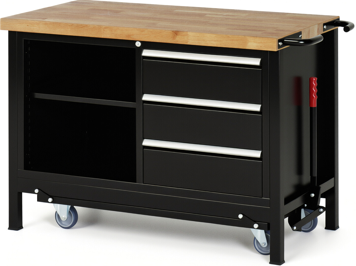 Absenkbare Werkbank Modell 8462 schwarz, BxTxH 1250x700x880 mm,  Buche-Massiv Arbeitsplatte 40 mm,  3 Schubladen mit  Vollauszug 100 % und  SoftClosing