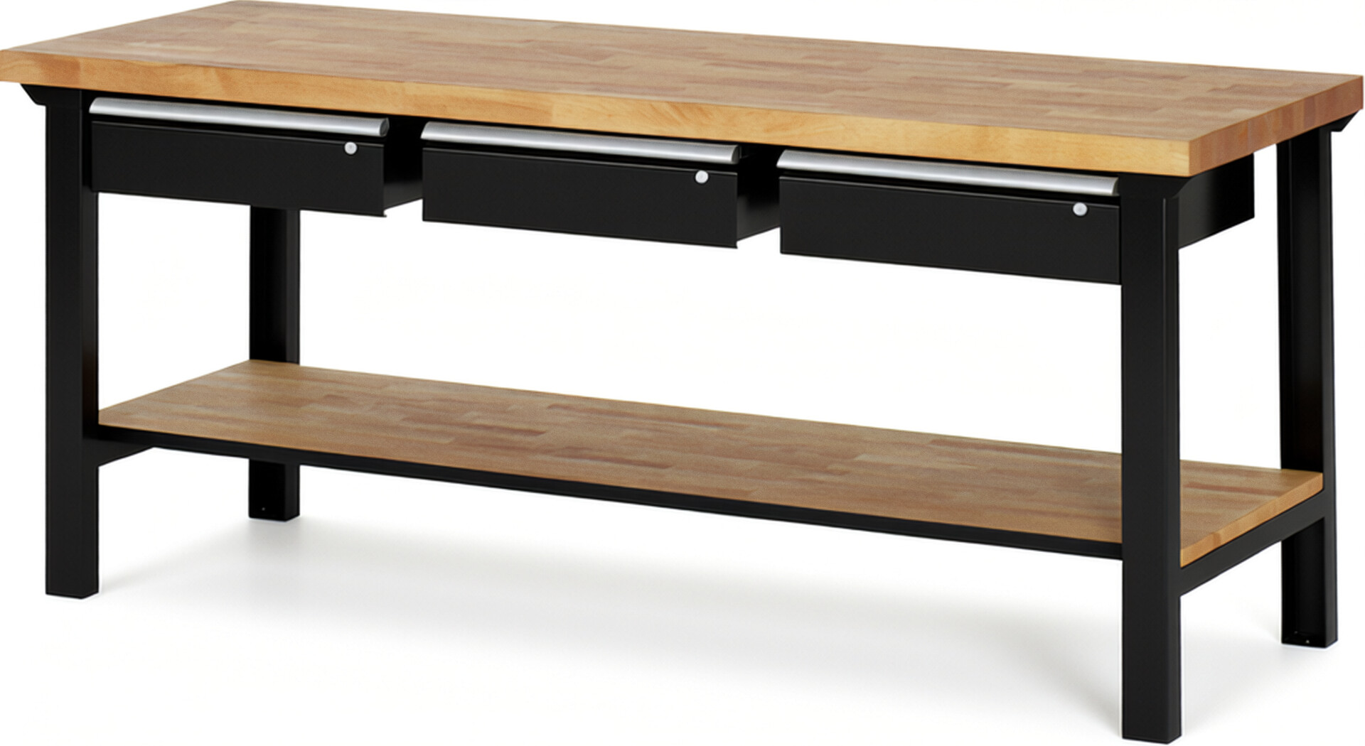 Werkbank Modell 7003 schwarz, BxTxH 2000x700x840 mm,  Buche-Massiv Arbeitsplatte 40 mm,  3 Schubladen mit  Auszug 90 %