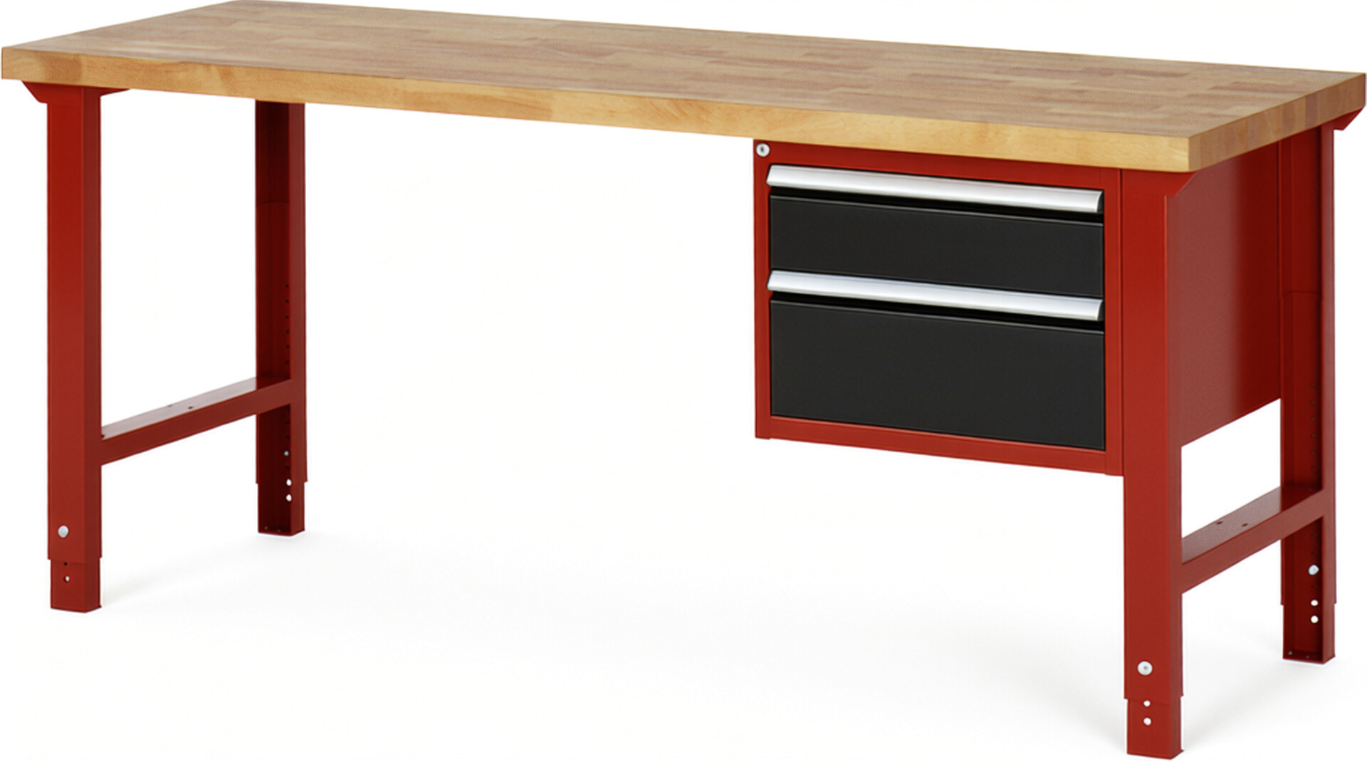 Werkbank Modell 7123 rot - schwarz, BxTxH 2000x700x790-1140 mm,  Buche-Massiv Arbeitsplatte 40 mm,  2 Schubladen mit  Auszug 90 %