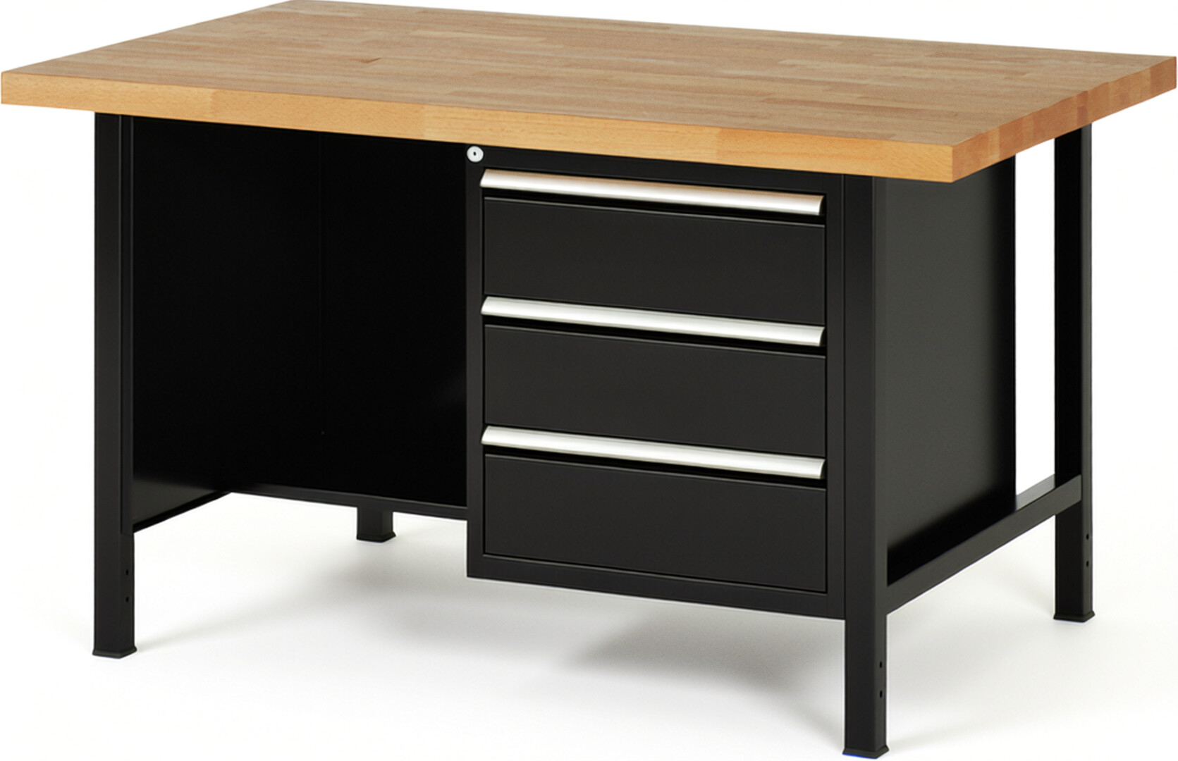 Werkbank Modell 8452 schwarz, BxTxH 1500x900x840 mm,  Buche-Massiv Arbeitsplatte 40 mm,  3 Schubladen mit  Vollauszug 100 % und  SoftClosing