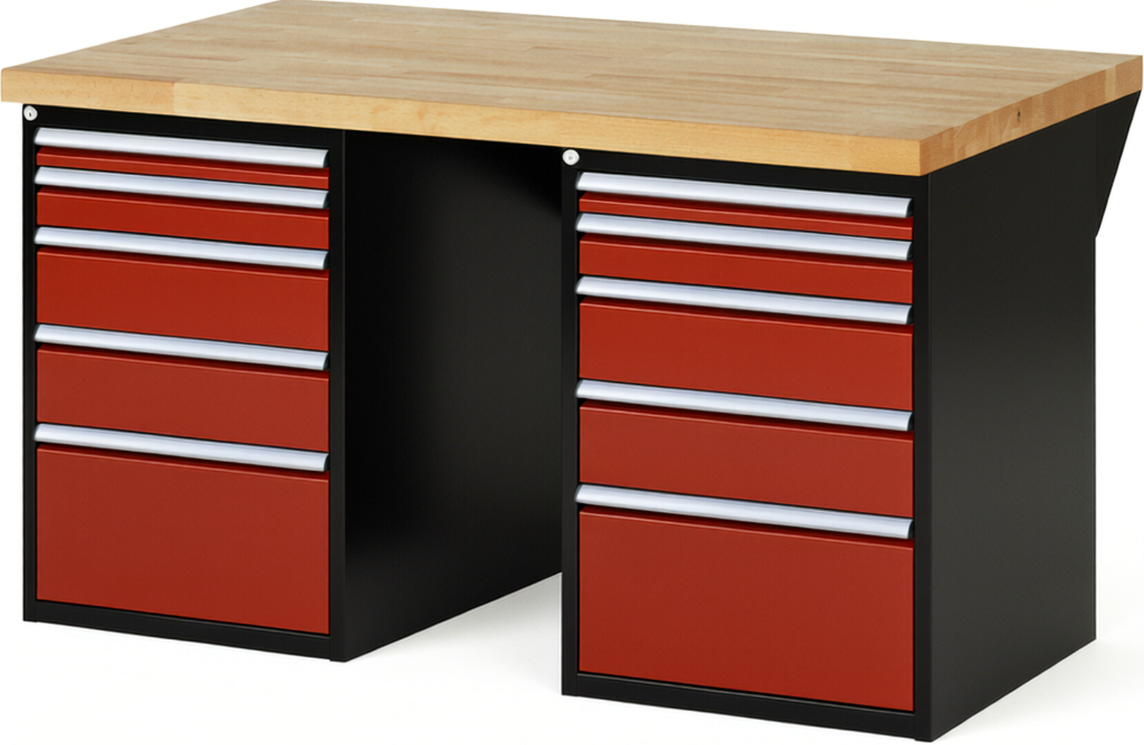 RAU Werkbank schwarz - rot - Breite 150 cm - Tiefe 90 cm - Höhe 89 cm - Buche-Massiv Arbeitsplatte 40 mm