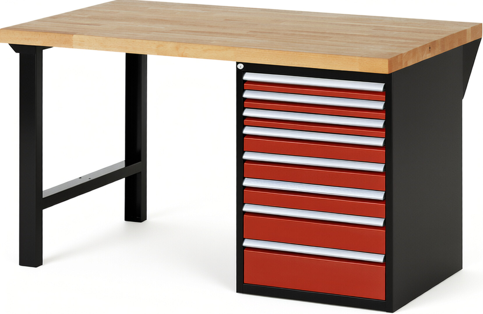 RAU Werkbank schwarz - rot - Breite 150 cm - Tiefe 90 cm - Höhe 89 cm - Buche-Massiv Arbeitsplatte 40 mm
