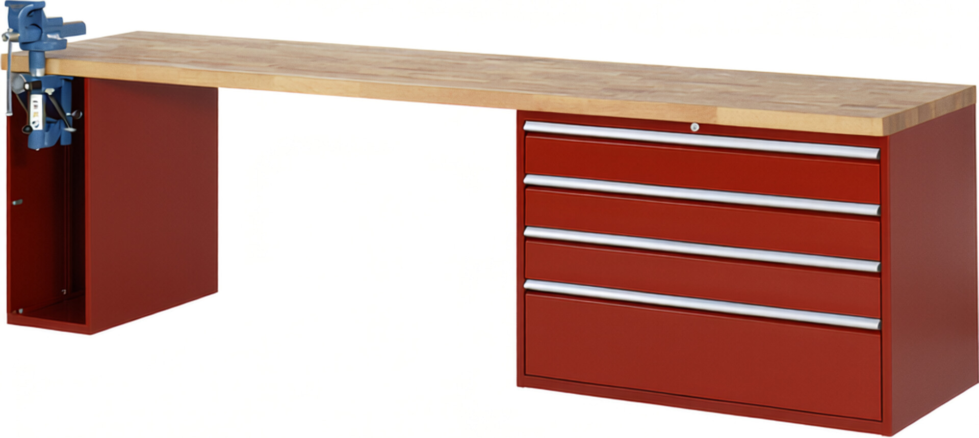 Werkbank Modell 7710 rot, BxTxH 3000x700x890 mm,  Buche-Massiv Arbeitsplatte 40 mm,  4 Schubladen mit  Auszug 90 %