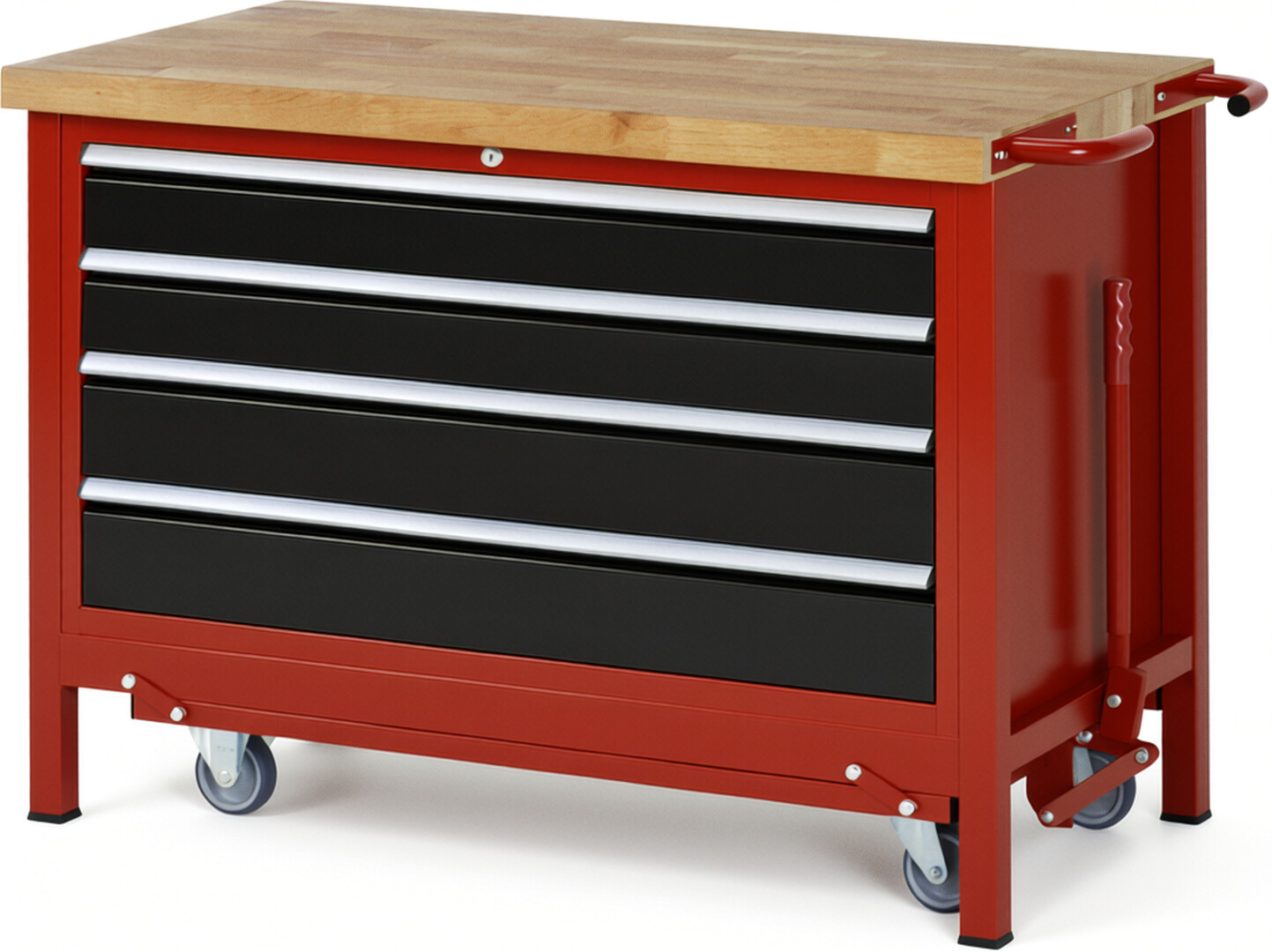 Absenkbare Werkbank Modell 8362 rot - schwarz, BxTxH 1250x700x880 mm,  Buche-Massiv Arbeitsplatte 40 mm,  4 Schubladen mit  Vollauszug 100 % und  SoftClosing