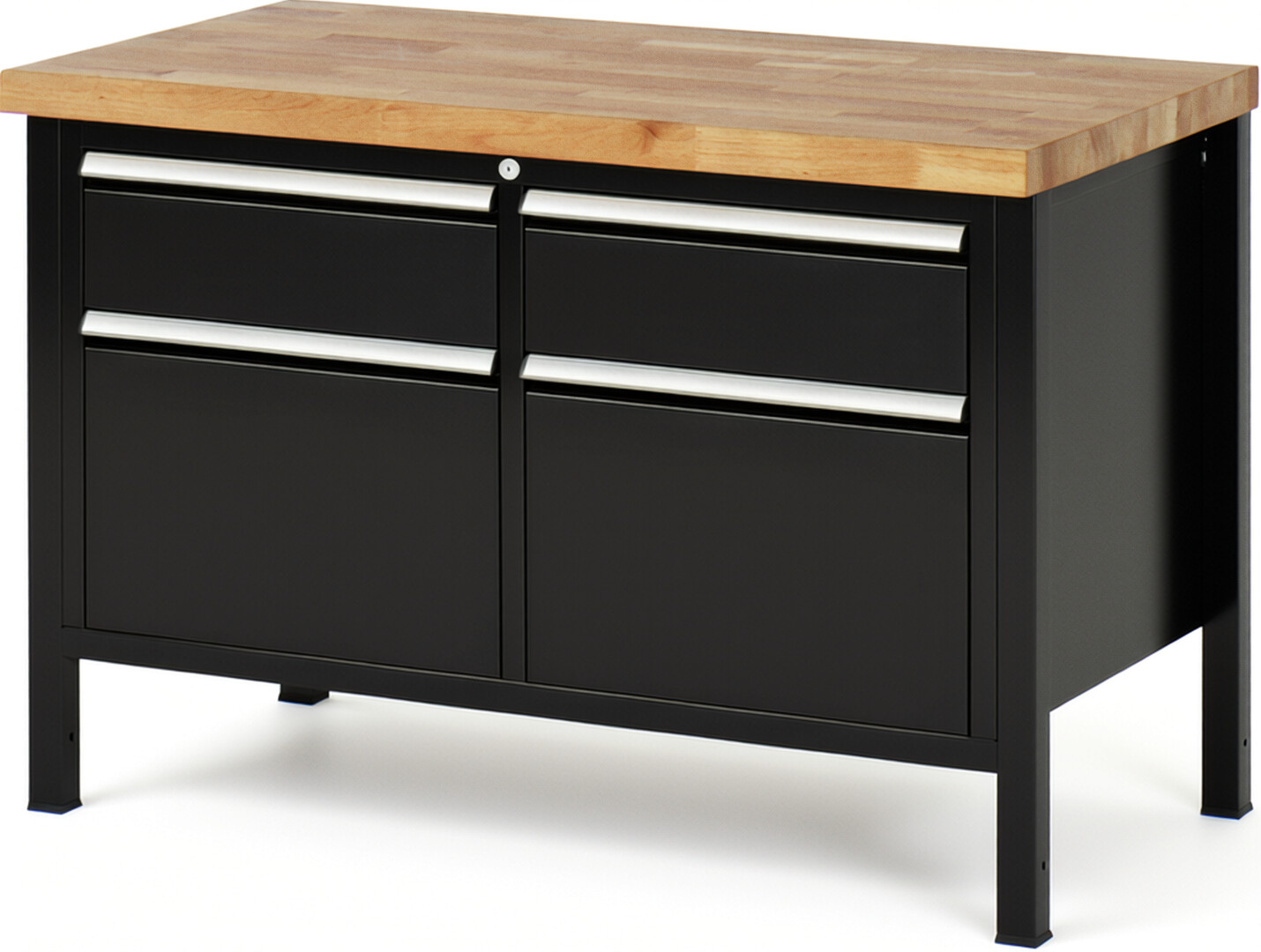 Werkbank Modell 8471 schwarz, BxTxH 1250x700x840 mm,  Buche-Massiv Arbeitsplatte 40 mm,  4 Schubladen mit  Auszug 90 %