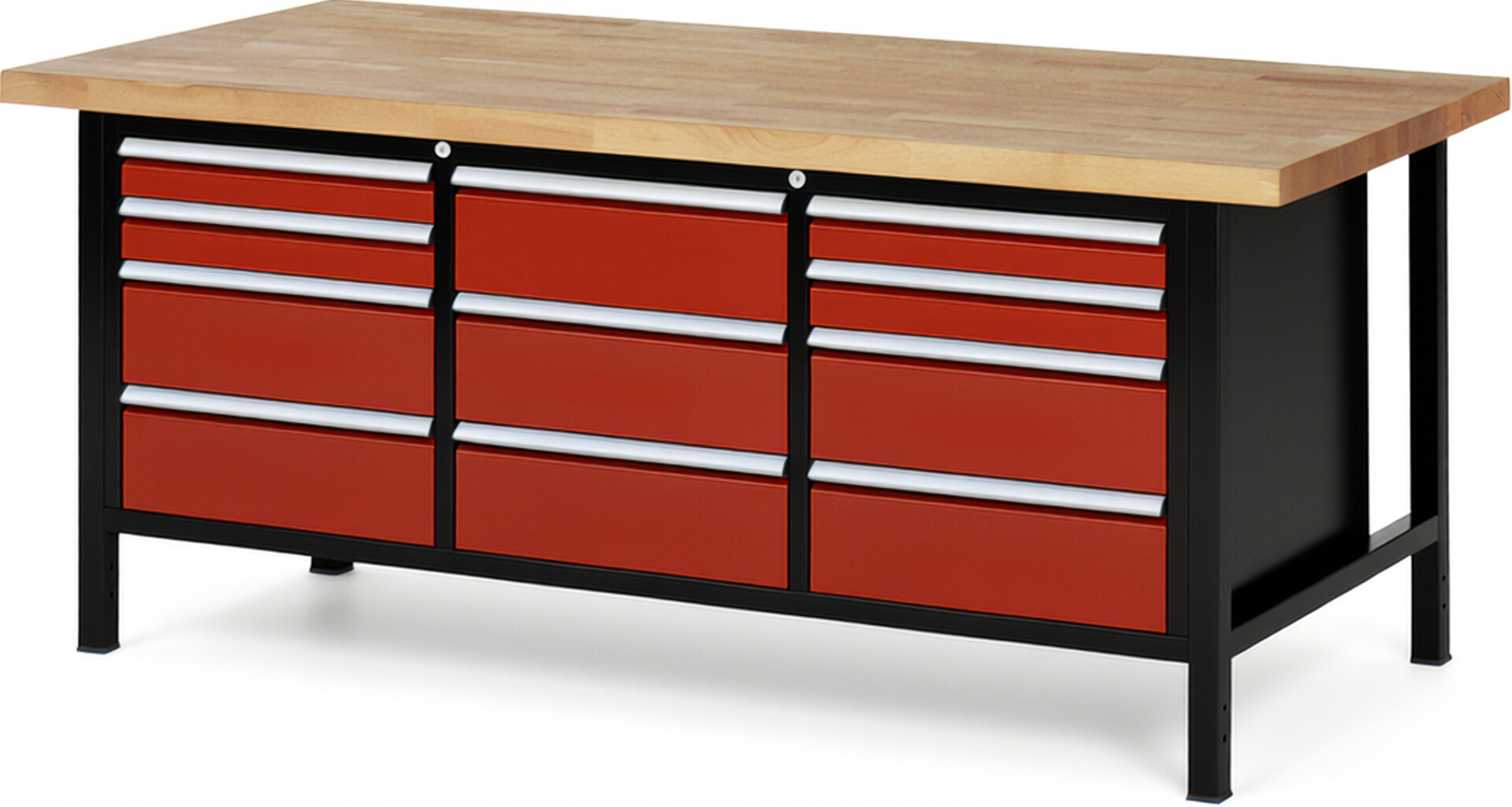 RAU Werkbank schwarz - rot - Breite 200 cm - Tiefe 90 cm - Höhe 104 cm - Buche-Massiv Arbeitsplatte 40 mm