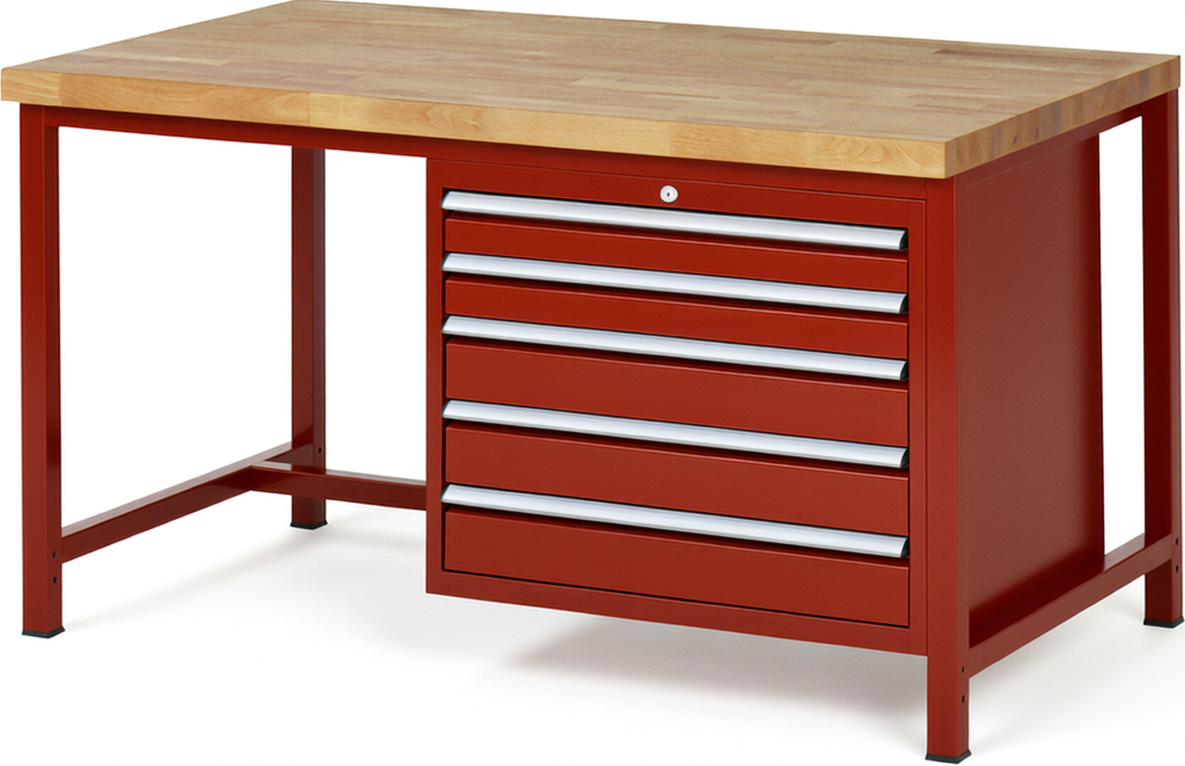 Werkbank Modell 8271 rot, BxTxH 1500x900x840 mm,  Buche-Massiv Arbeitsplatte 40 mm,  5 Schubladen mit  Vollauszug 100 % und  SoftClosing