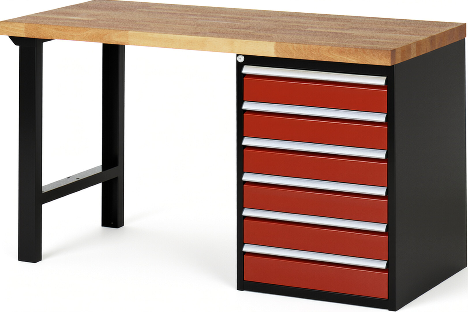 RAU Werkbank schwarz - rot - Breite 150 cm - Tiefe 70 cm - Höhe 89 cm - Buche-Massiv Arbeitsplatte 40 mm