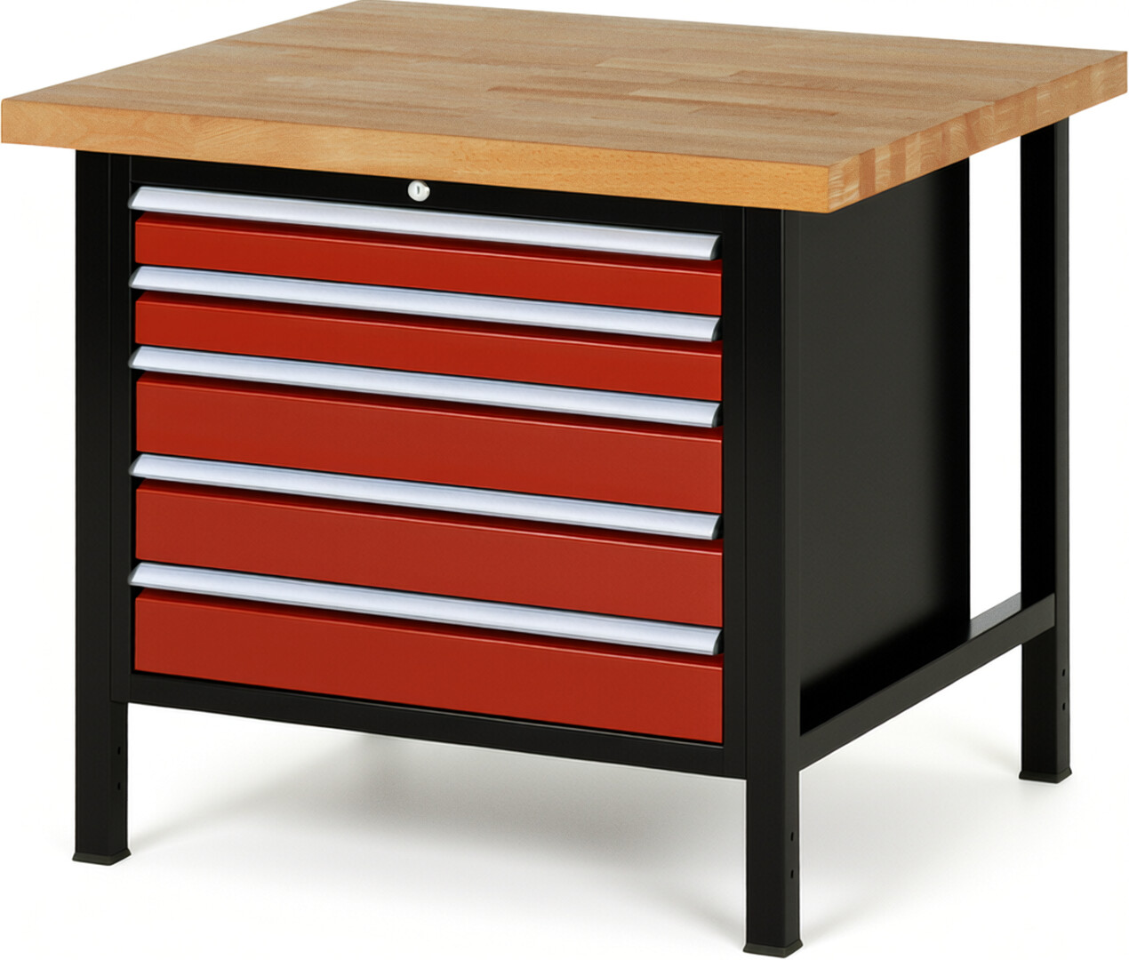 RAU Werkbank schwarz - rot - Breite 100 cm - Tiefe 90 cm - Höhe 104 cm - Buche-Massiv Arbeitsplatte 40 mm