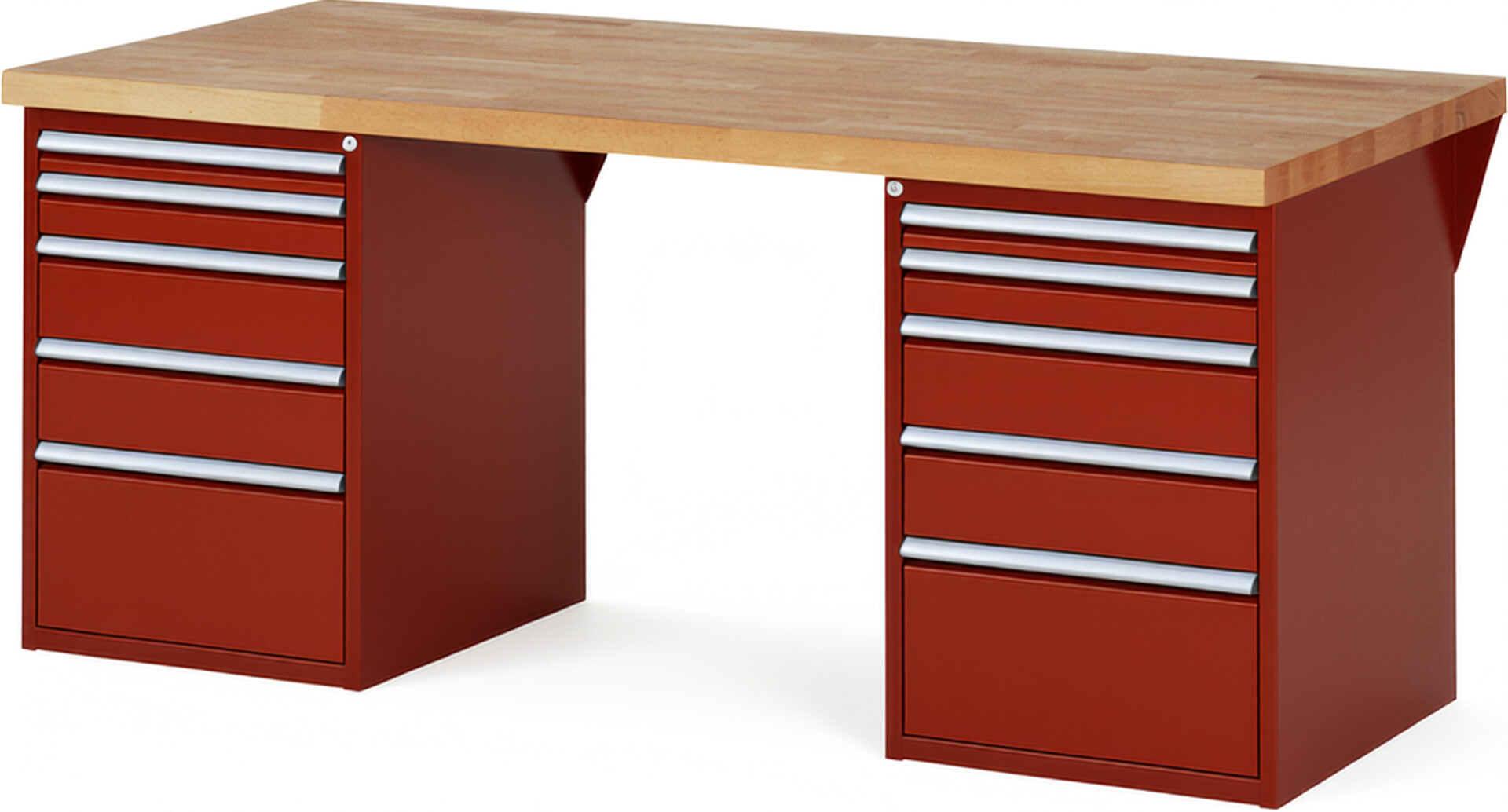 Werkbank Modell 7511 rot, BxTxH 2000x900x890 mm,  Buche-Massiv Arbeitsplatte 40 mm,  10 Schubladen mit  Auszug 90 %