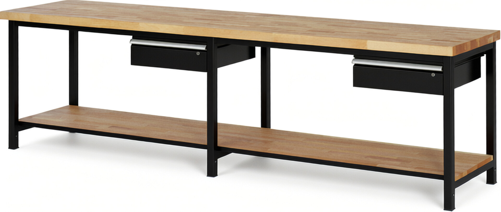 Werkbank Modell 8001 schwarz, BxTxH 3000x700x840-1040 mm,  Buche-Massiv Arbeitsplatte 40 mm,  2 Schubladen mit  Auszug 90 %