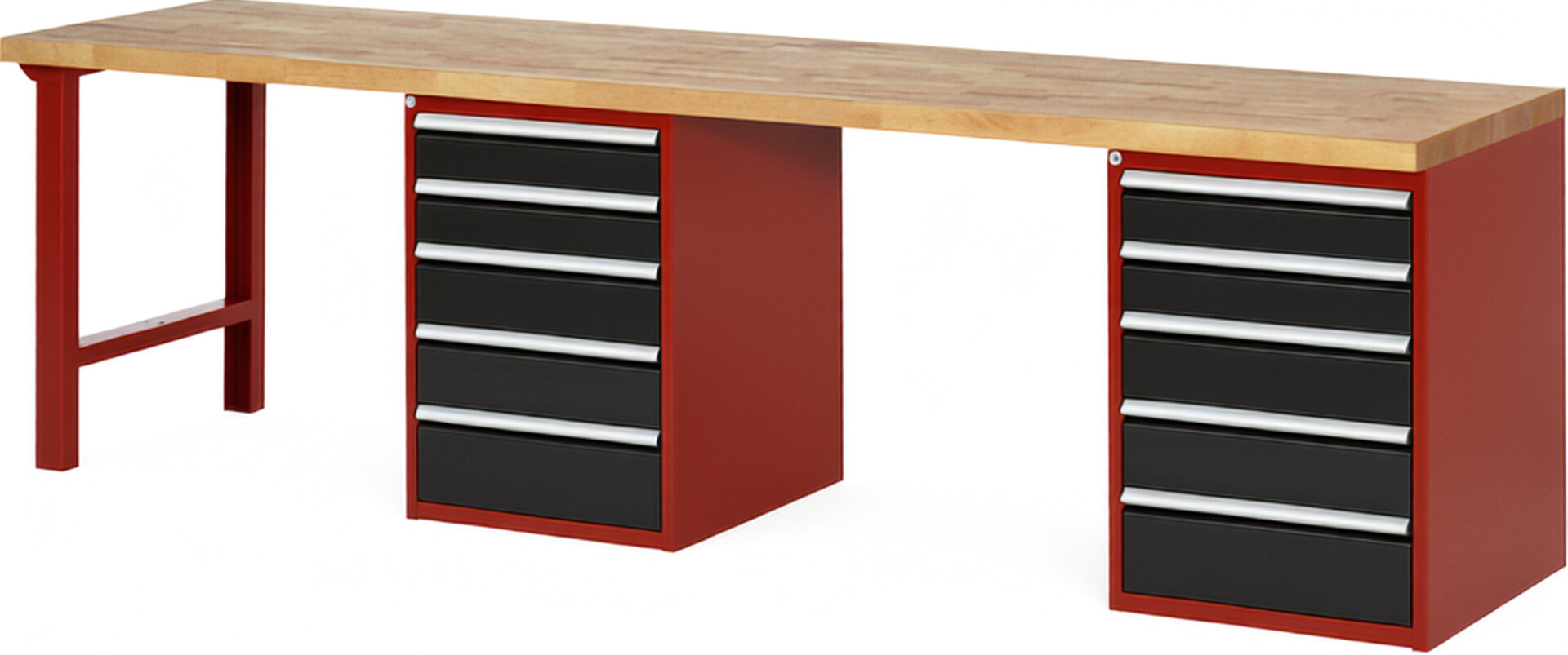 Werkbank Modell 7513 rot - schwarz, BxTxH 3000x700x840 mm,  Buche-Massiv Arbeitsplatte 40 mm,  10 Schubladen mit  Auszug 90 %