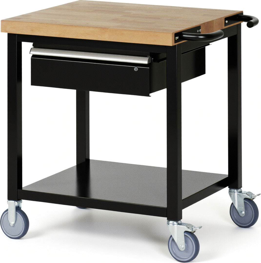 Fahrbare Werkbank Modell 8001 schwarz, BxTxH 750x700x880-1080 mm,  Buche-Massiv Arbeitsplatte 40 mm,  1 Schublade mit  Auszug 90 %