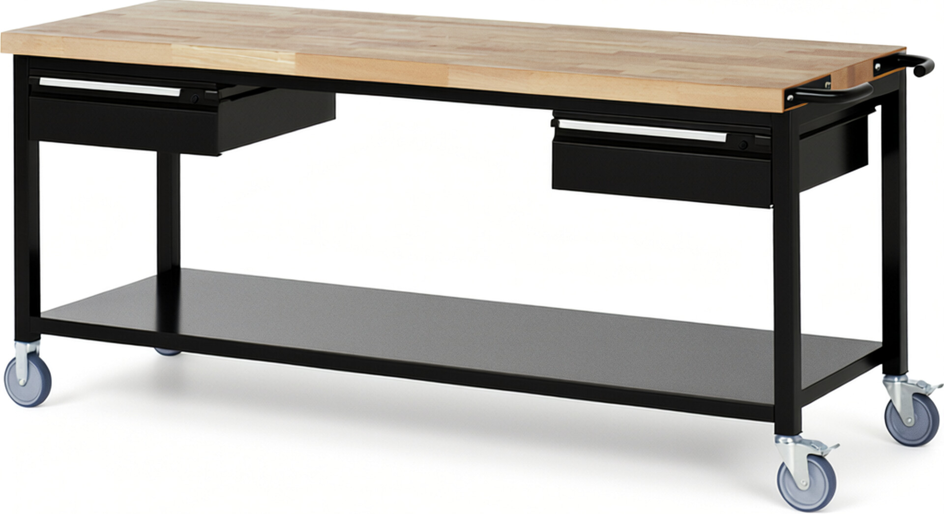 Fahrbare Werkbank - Modell 8002 BASIC schwarz, BxTxH 2000x700x880 mm,  Buche-Massiv Arbeitsplatte 40 mm,  2 Schubladen mit  Auszug 90 %