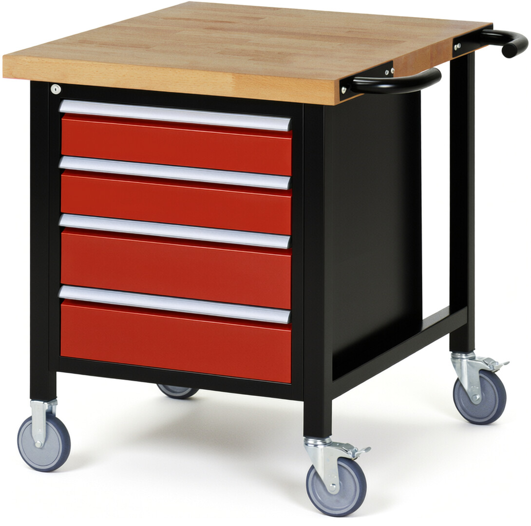 RAU Werkbank schwarz - rot - Breite 75 cm - Tiefe 90 cm - Höhe 108 cm - Buche-Massiv Arbeitsplatte 40 mm