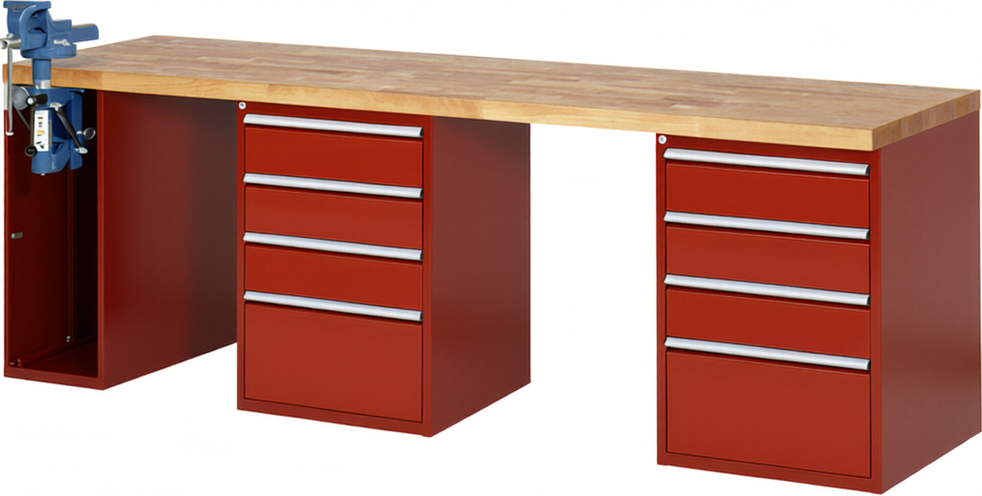 Werkbank Modell 7510 rot, BxTxH 2500x700x890 mm,  Buche-Massiv Arbeitsplatte 40 mm,  8 Schubladen mit  Auszug 90 %