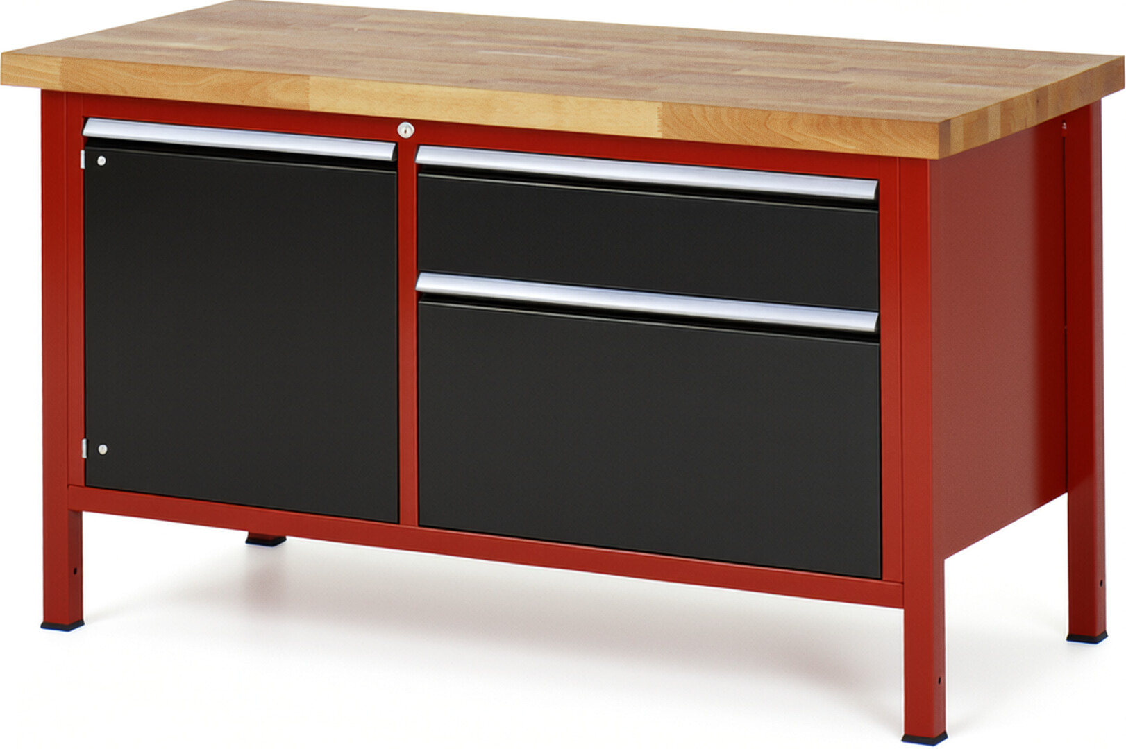 Werkbank Modell 8651 rot - schwarz, BxTxH 1500x700x840 mm,  Buche-Massiv Arbeitsplatte 40 mm,  2 Schubladen mit  Vollauszug 100 % und  SoftClosing