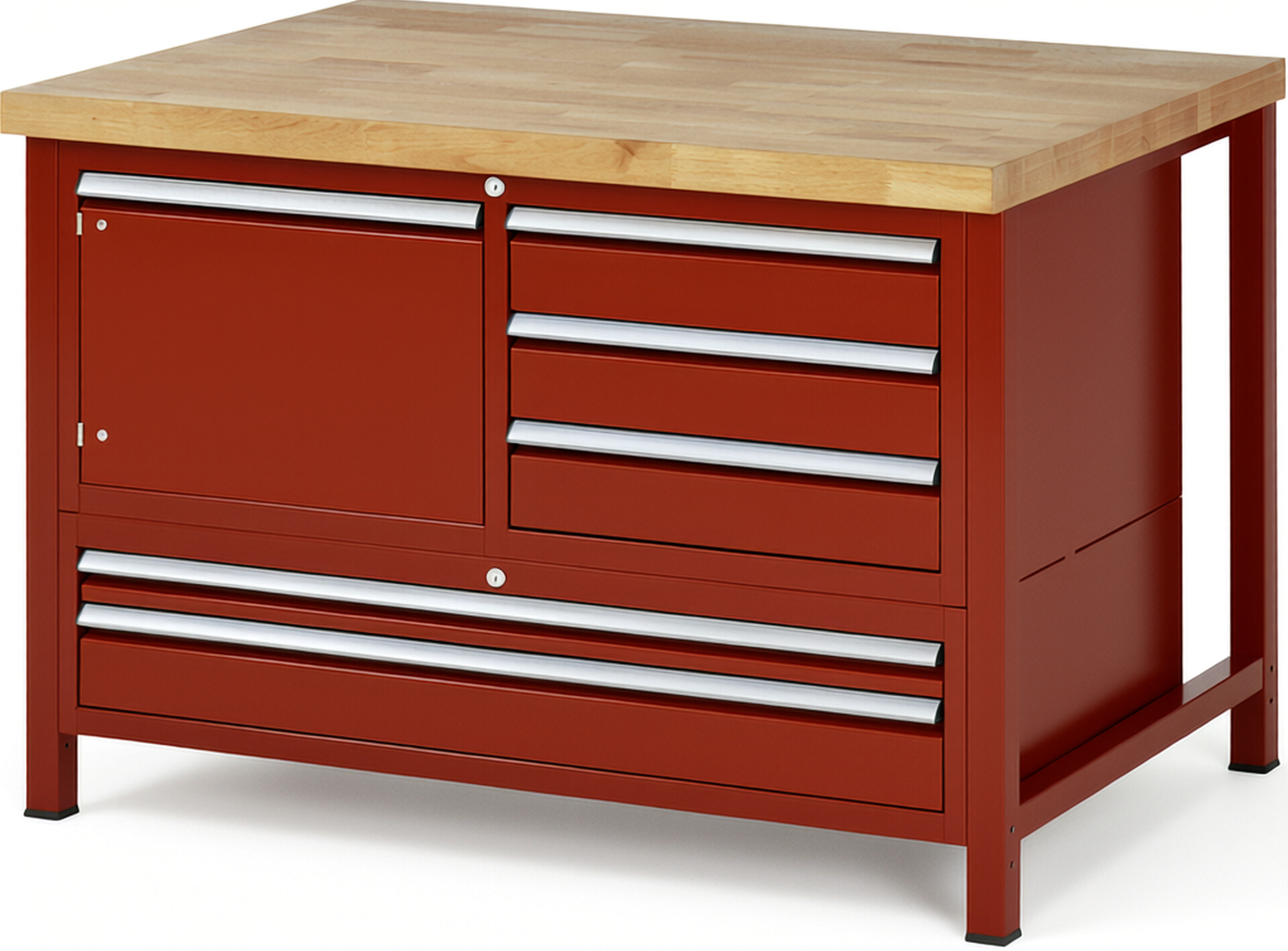 Werkbank Modell 8932 rot, BxTxH 1250x900x840 mm,  Buche-Massiv Arbeitsplatte 40 mm,  5 Schubladen mit  Auszug 90 %