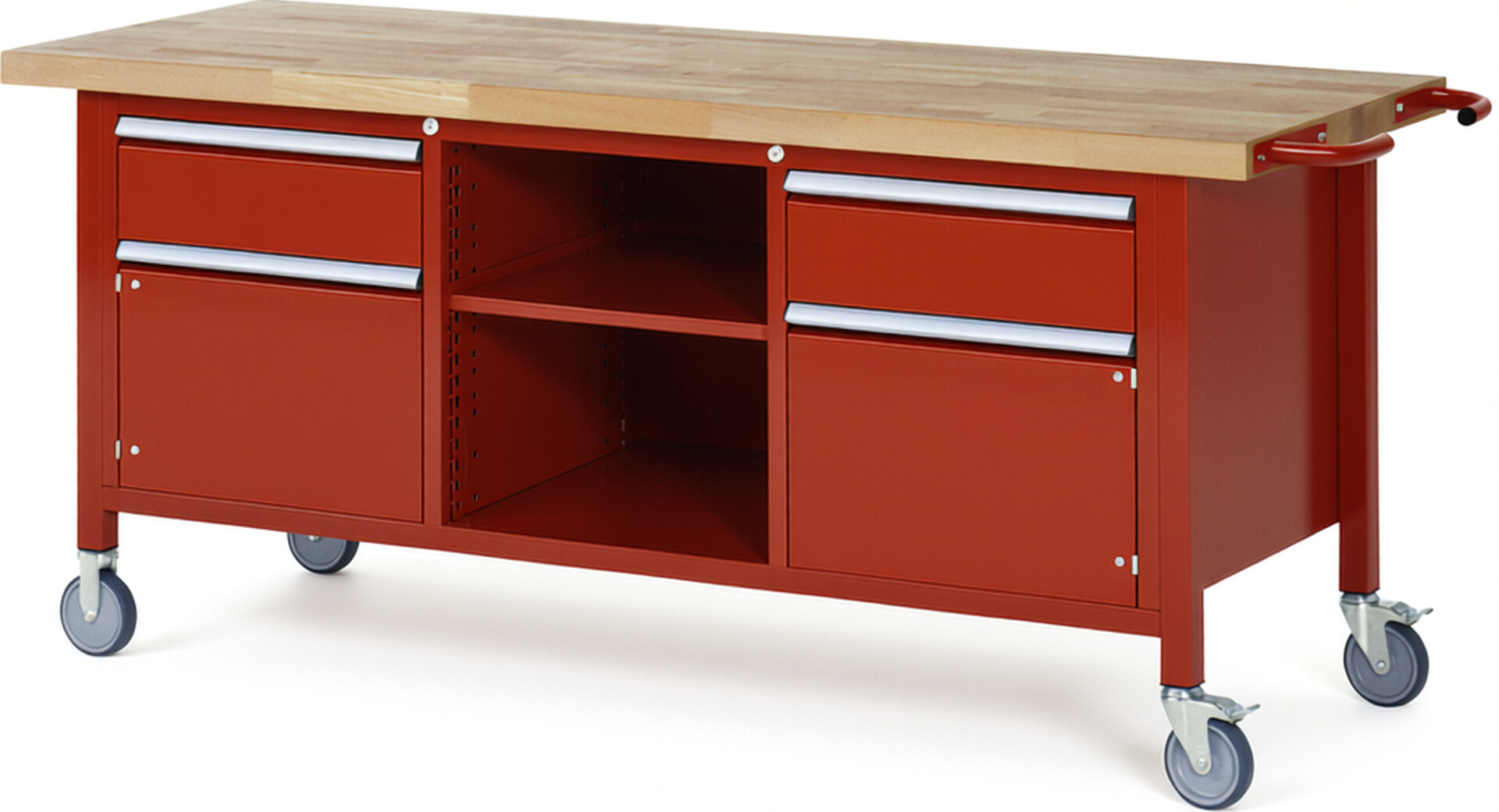 Fahrbare Werkbank Modell 8561 rot, BxTxH 2000x700x880 mm,  Buche-Massiv Arbeitsplatte 40 mm,  2 Schubladen mit  Auszug 90 %
